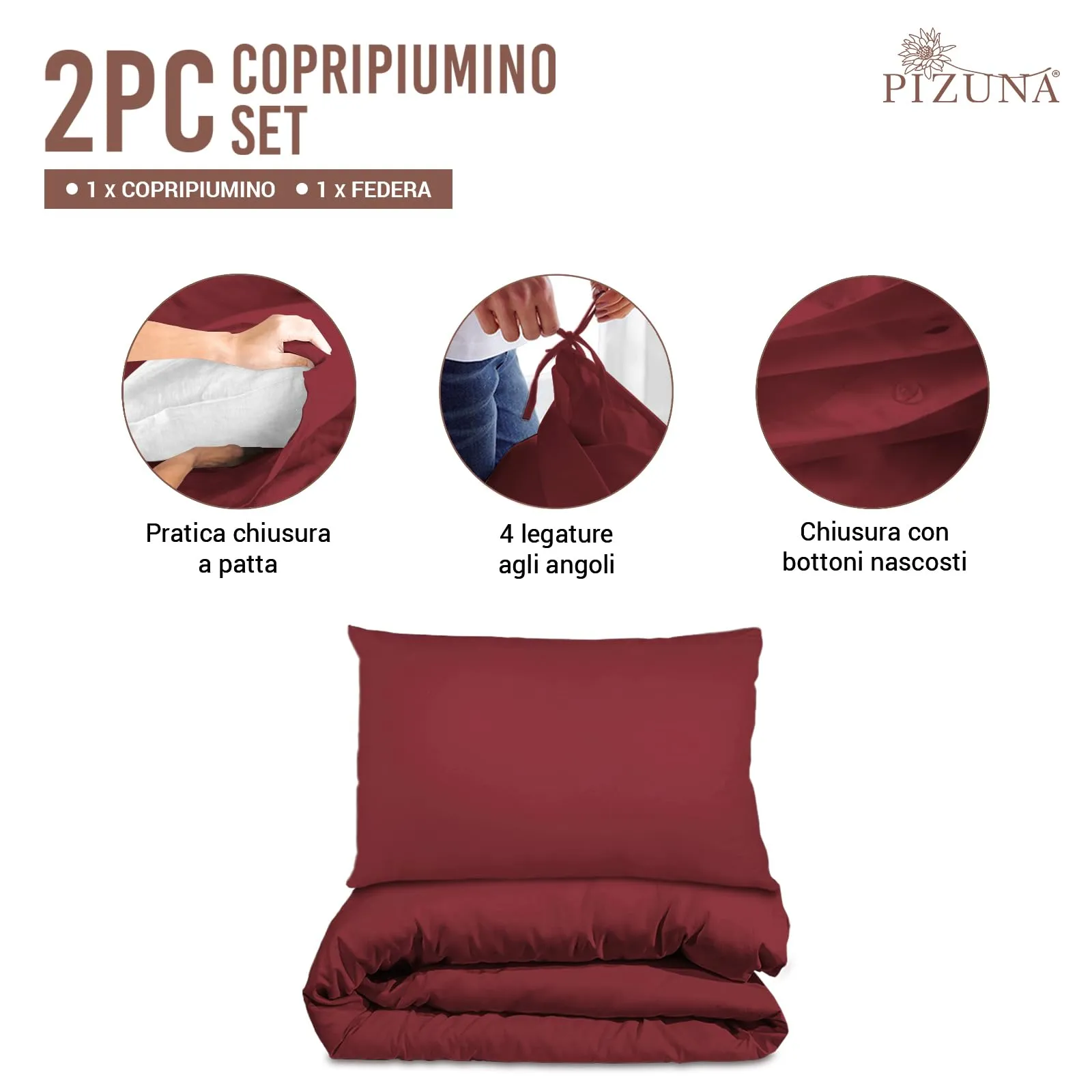 Pizuna Linens Copripiumino Singolo in Cotone 400 fili, 150x200 cm, Rosso, Set 2 Pezzi - immagine 3