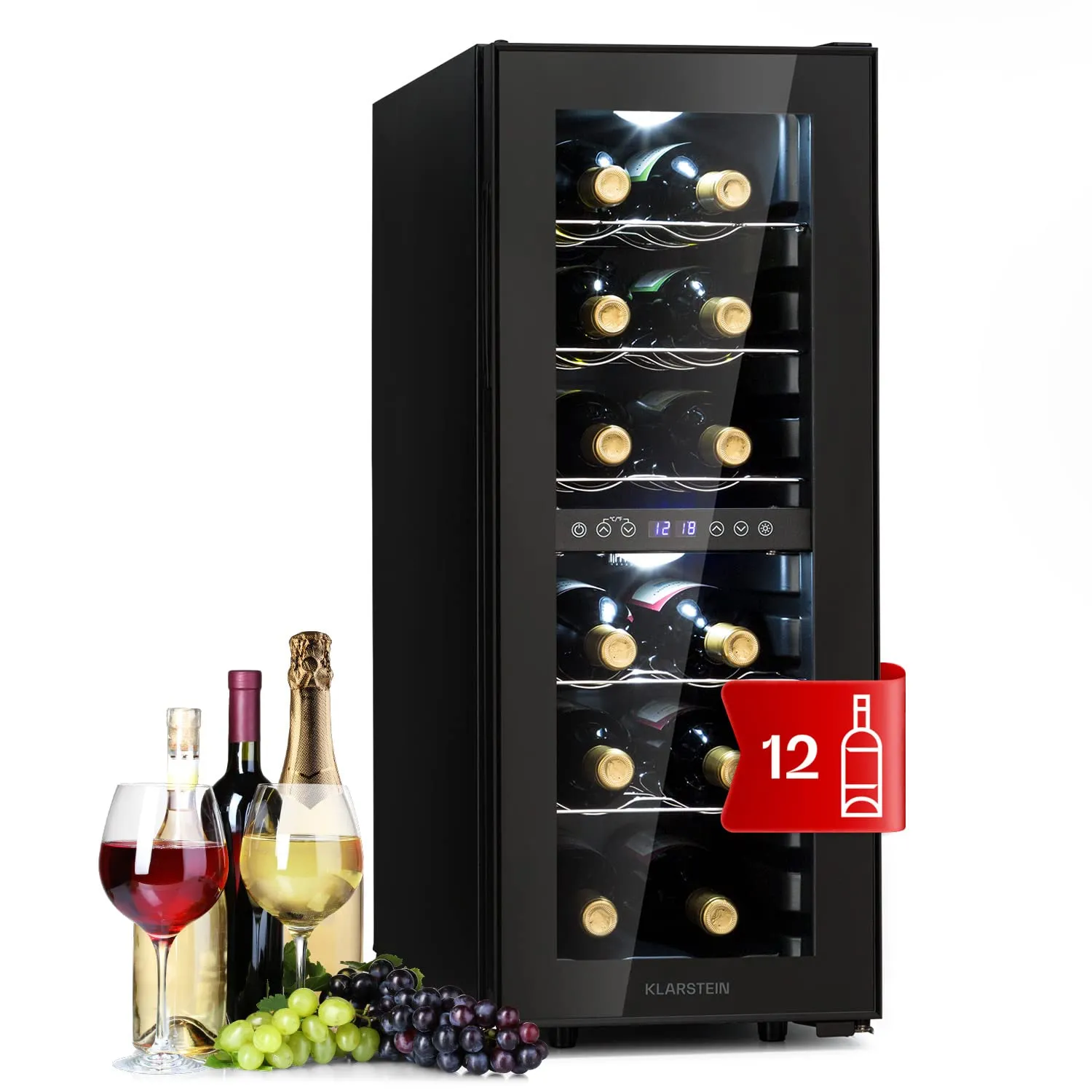 Klarstein Shiraz Cantinetta Vino Nero, 12 Bottiglie, 42 L, Doppia Temperatura, 5–18 °C, LED, Telaio Inox - immagine 1