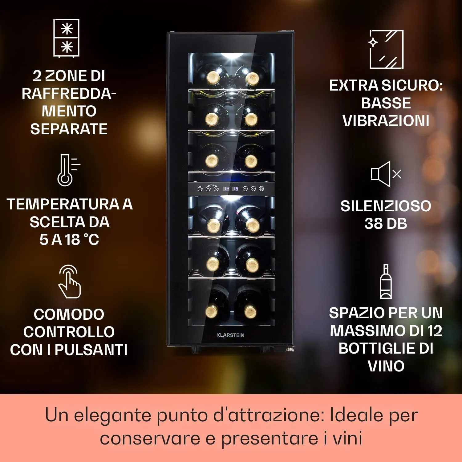 Klarstein Shiraz Cantinetta Vino Nero, 12 Bottiglie, 42 L, Doppia Temperatura, 5–18 °C, LED, Telaio Inox - immagine 2