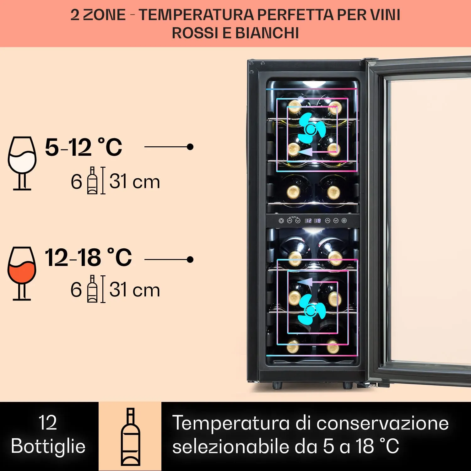 Klarstein Shiraz Cantinetta Vino Nero, 12 Bottiglie, 42 L, Doppia Temperatura, 5–18 °C, LED, Telaio Inox - immagine 3