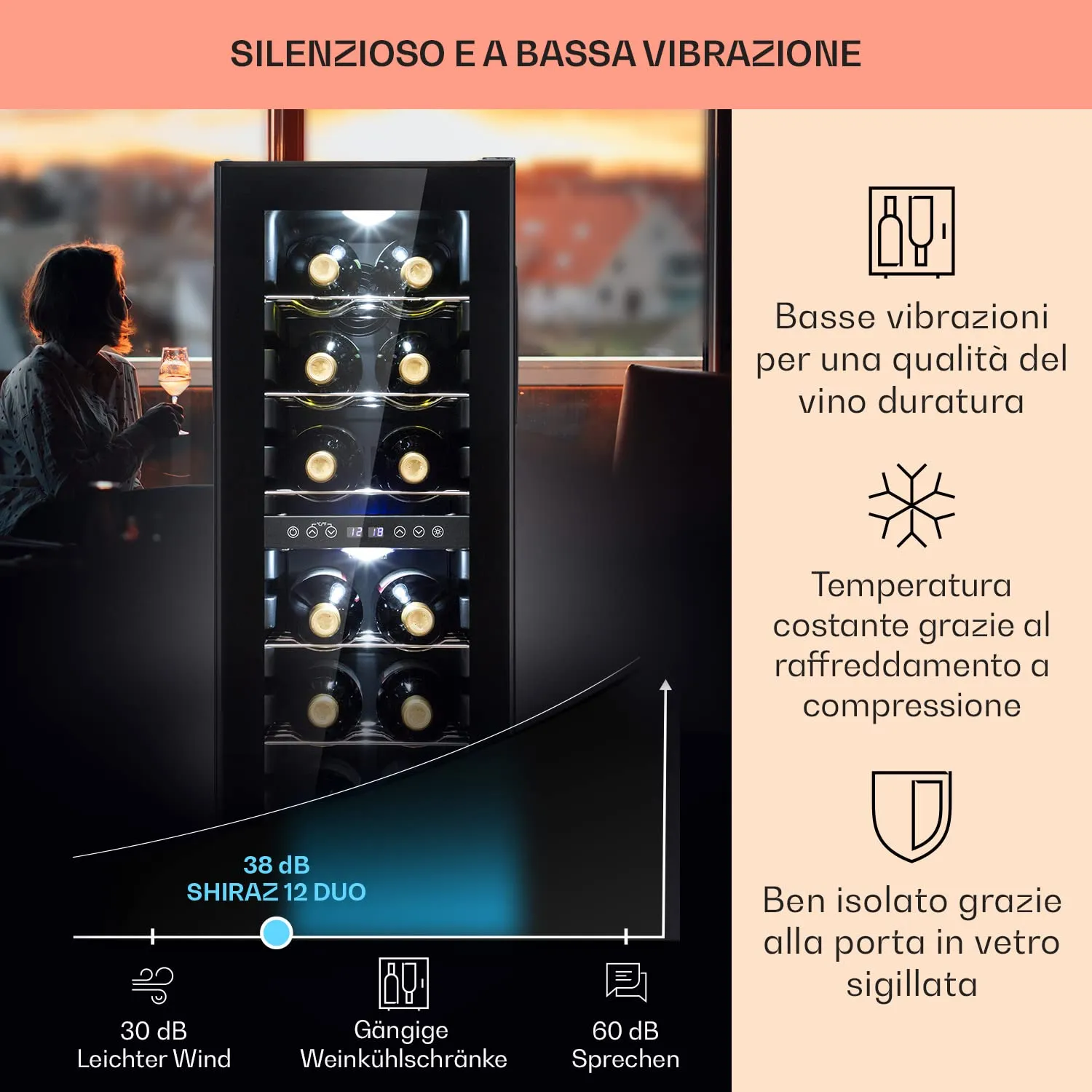 Klarstein Shiraz Cantinetta Vino Nero, 12 Bottiglie, 42 L, Doppia Temperatura, 5–18 °C, LED, Telaio Inox - immagine 4