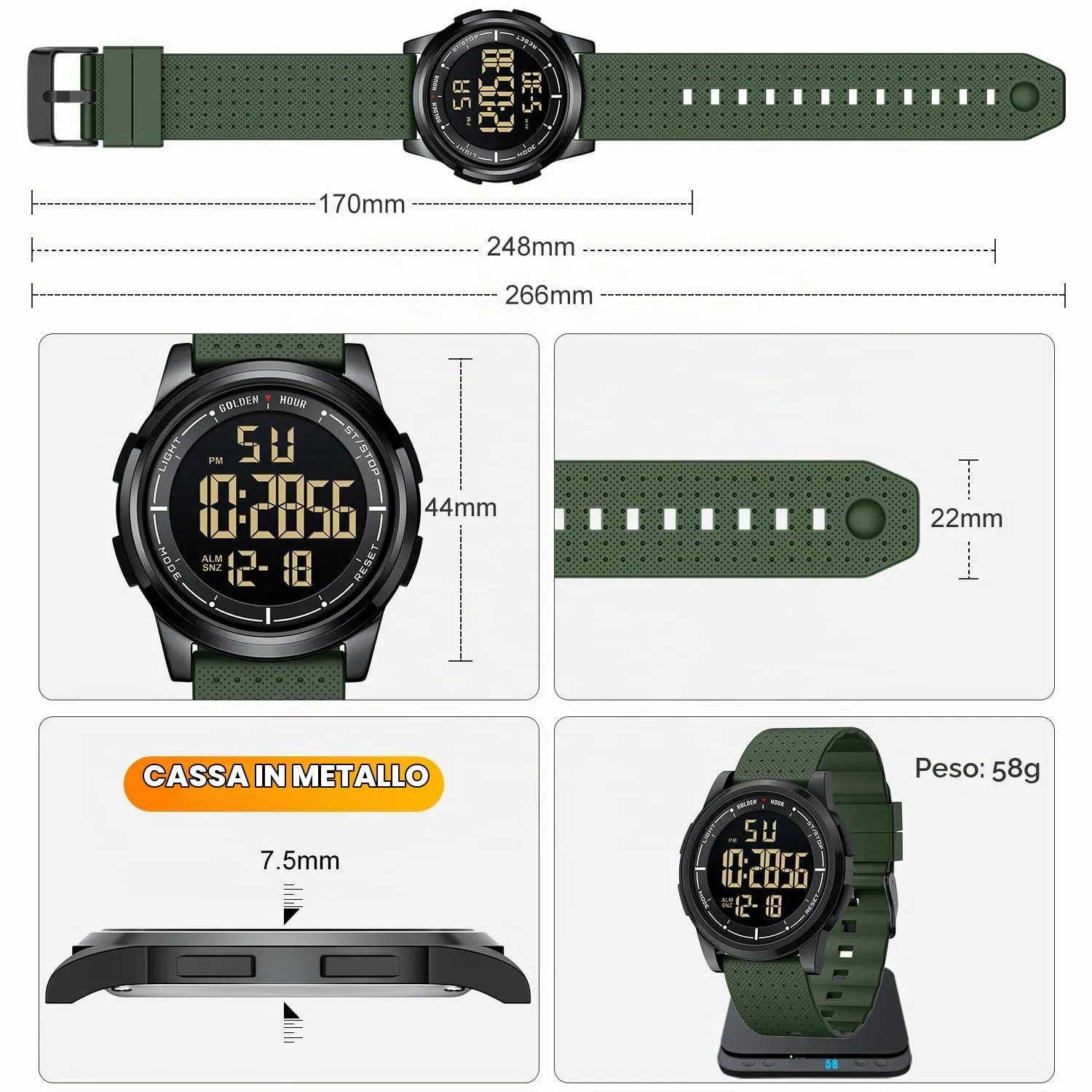 Golden Hour GH1313 Orologio Digitale Ultra-Sottile Minimalista Sport Impermeabile con Cinturino in Gomma - immagine 4