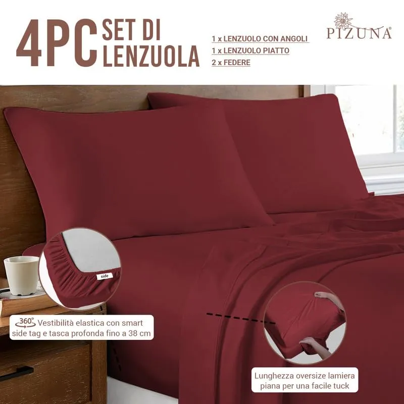 Pizuna Linens Set Lenzuola Letto Cotone 400 Fili 160x200 cm Rosso, 4 Pezzi - immagine 3