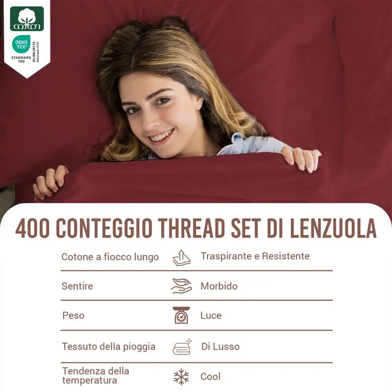 Pizuna Linens Set Lenzuola Letto Cotone 400 Fili 160x200 cm Rosso, 4 Pezzi - immagine 4