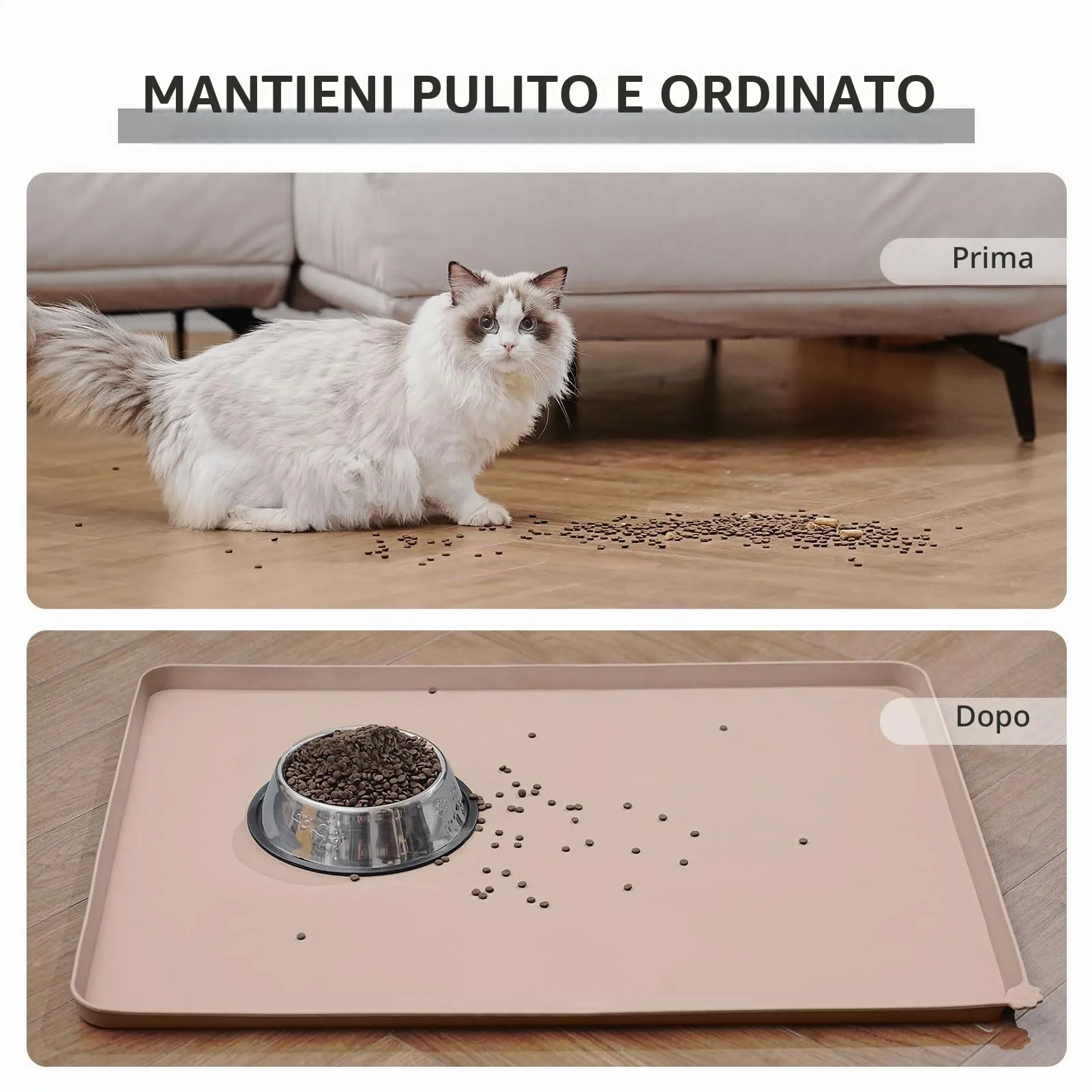 Reopet Tappetino in Silicone per Cibo e Acqua per Animali Domestici, Impermeabile con Bordi Rialzati, 53 x 37 cm, Marrone grigiastro - immagine 6
