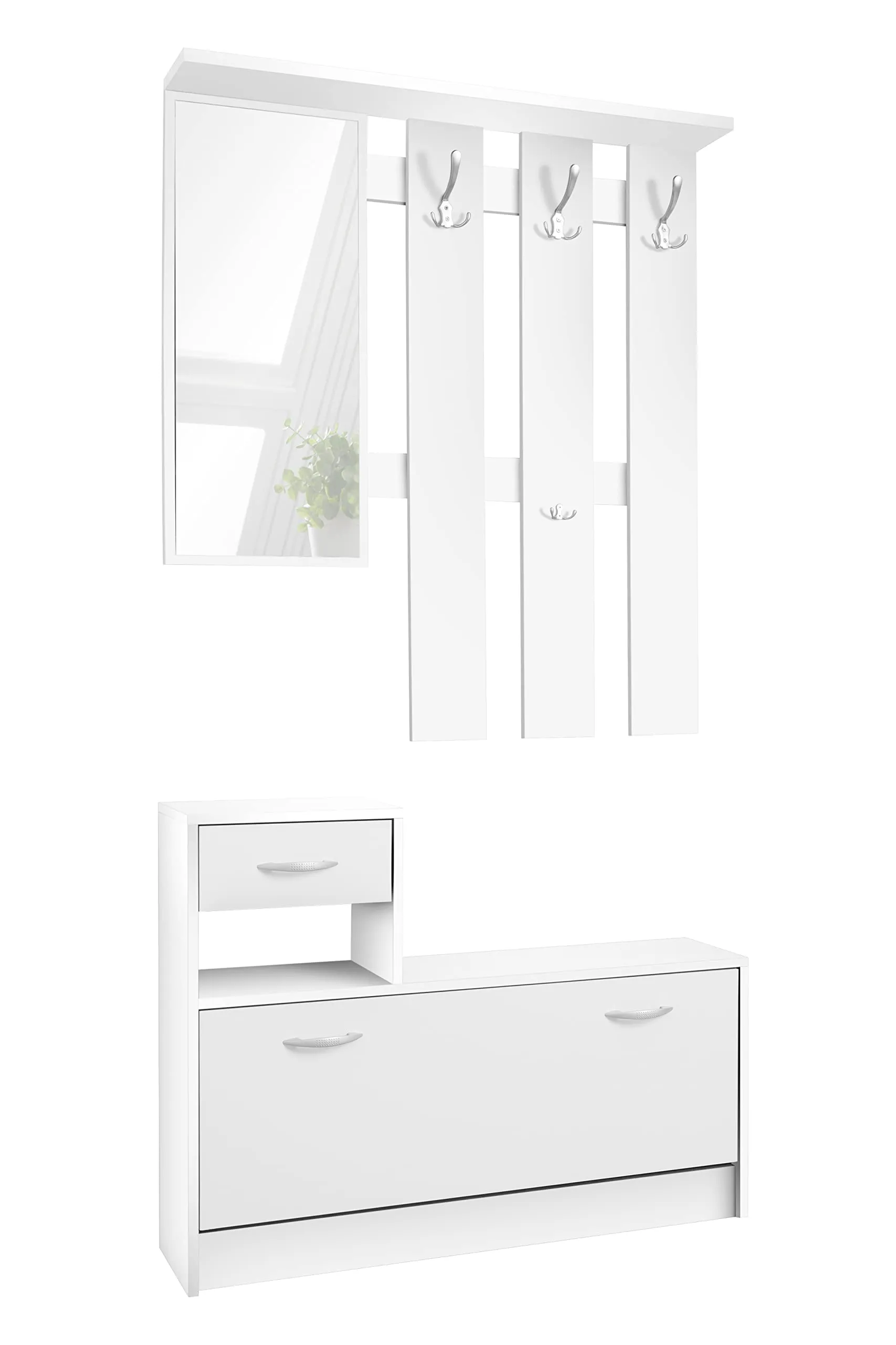 Avanti Trendstore Rudolf Guardaroba da Ingresso con Specchio, 3 Ganci e Scarpiera, Bianco - immagine 1