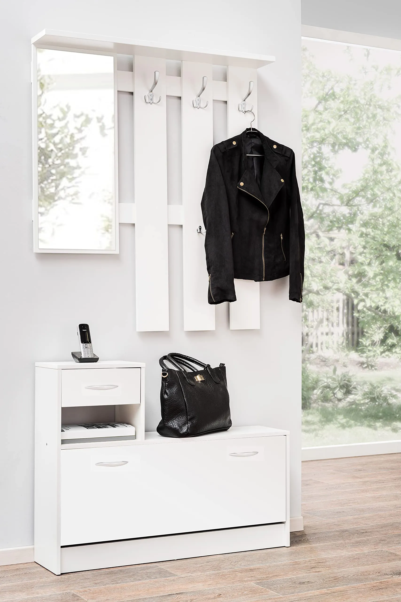 Avanti Trendstore Rudolf Guardaroba da Ingresso con Specchio, 3 Ganci e Scarpiera, Bianco - immagine 2