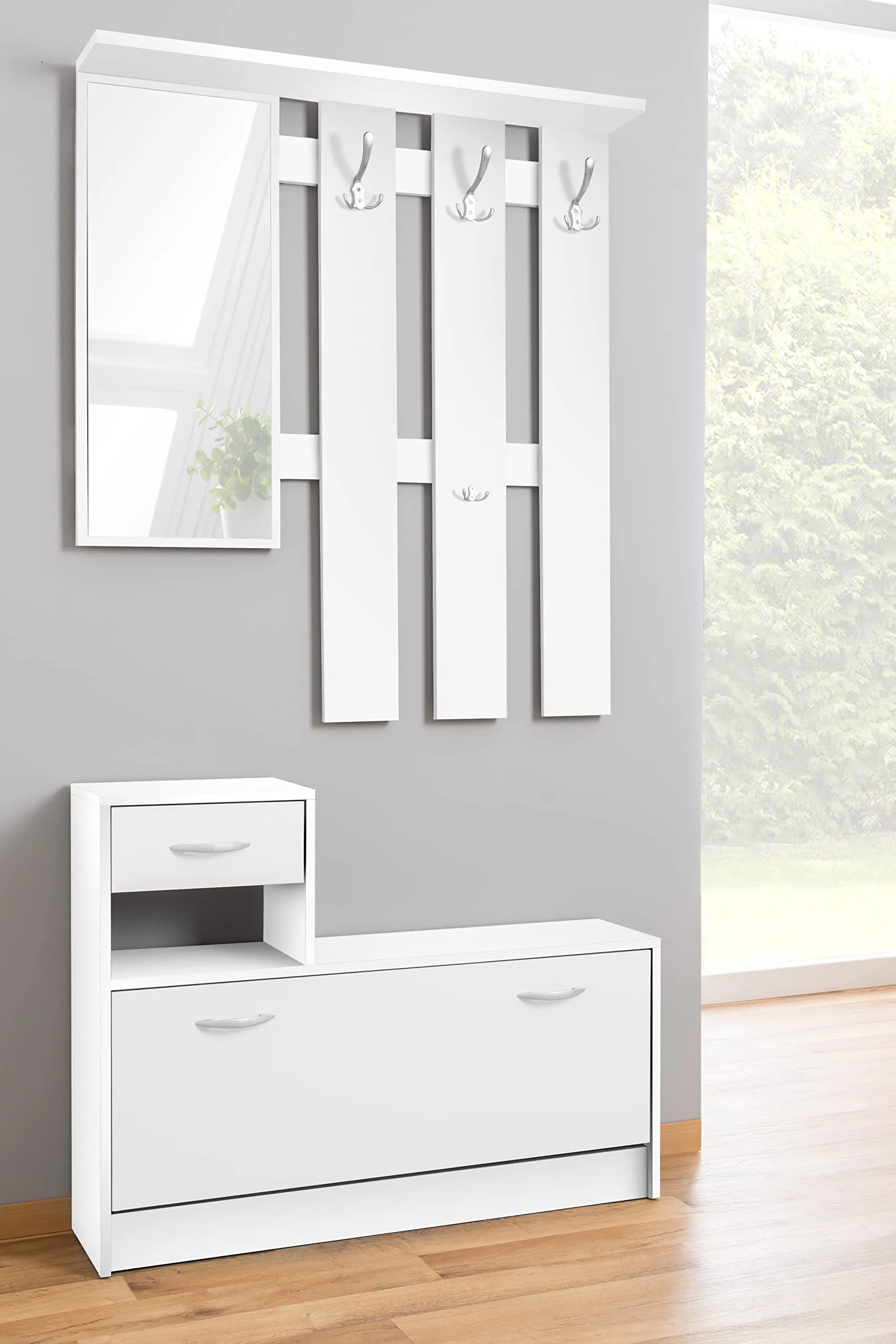 Avanti Trendstore Rudolf Guardaroba da Ingresso con Specchio, 3 Ganci e Scarpiera, Bianco - immagine 3