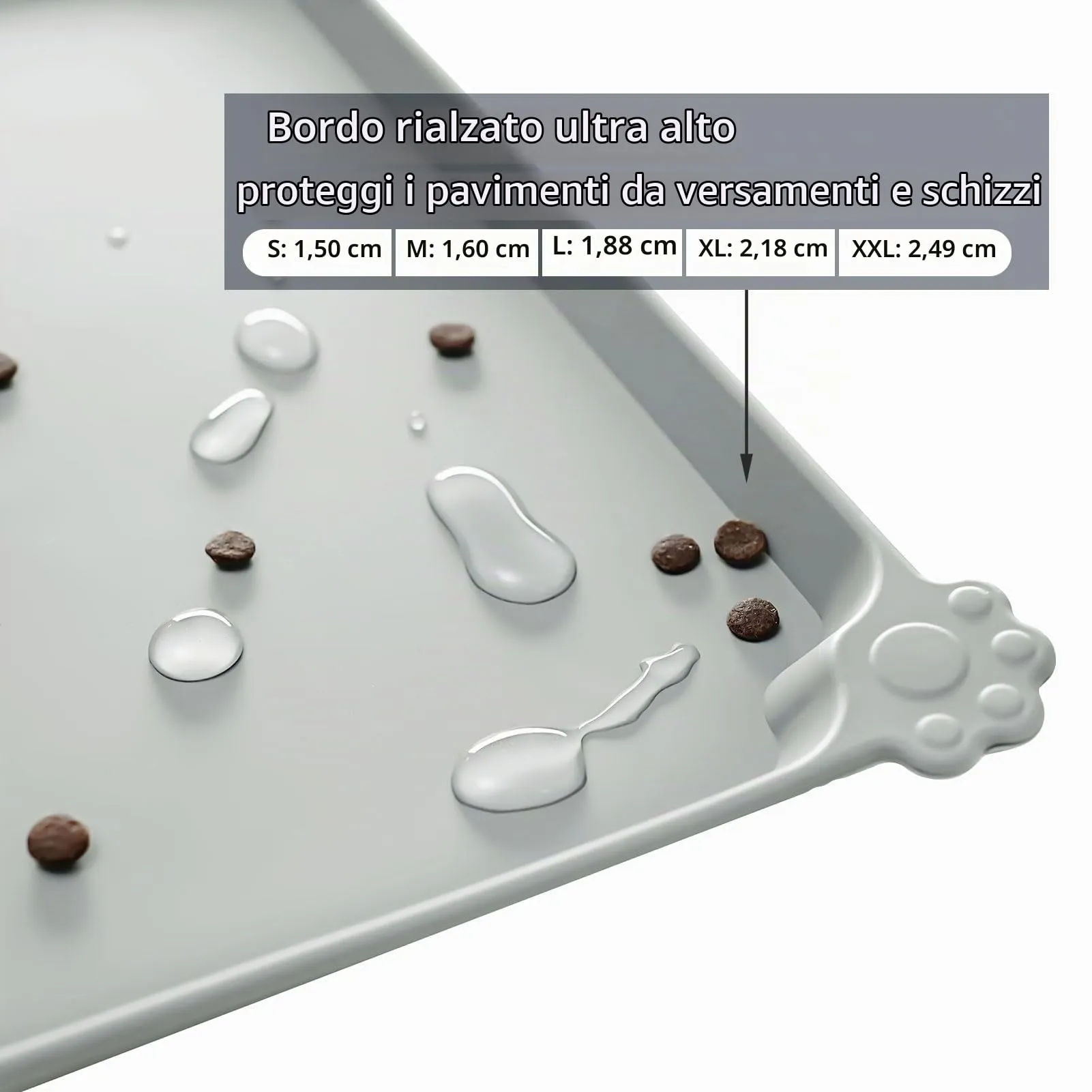 Reopet Tappetino in Silicone per Cibo e Acqua per Animali Domestici, Impermeabile con Bordi Rialzati, 60 x 40 cm, Grigio chiaro - immagine 3