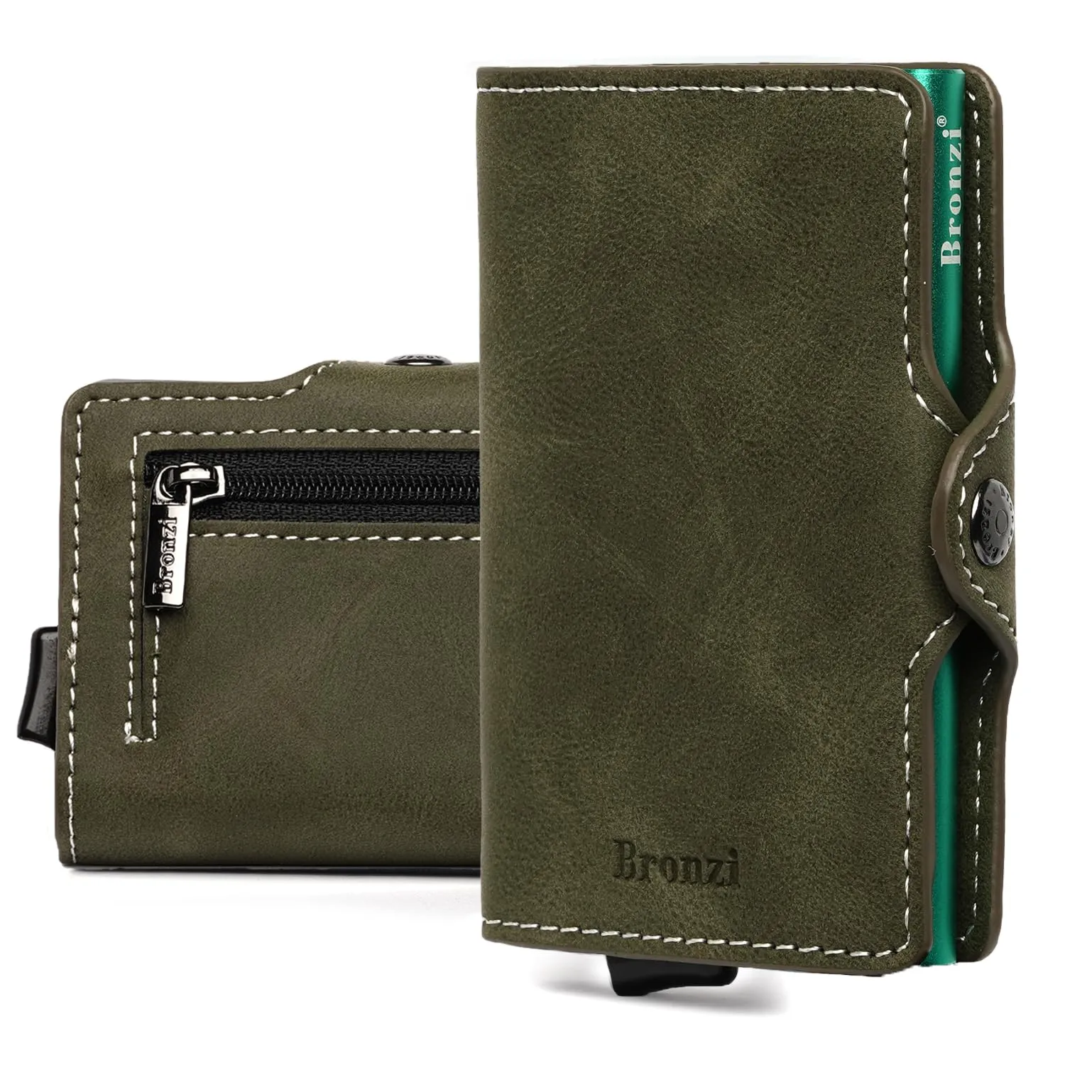 Bronzi Portafoglio Porta Carte Credito Slim RFID Pelle Verde Oliva - immagine 1