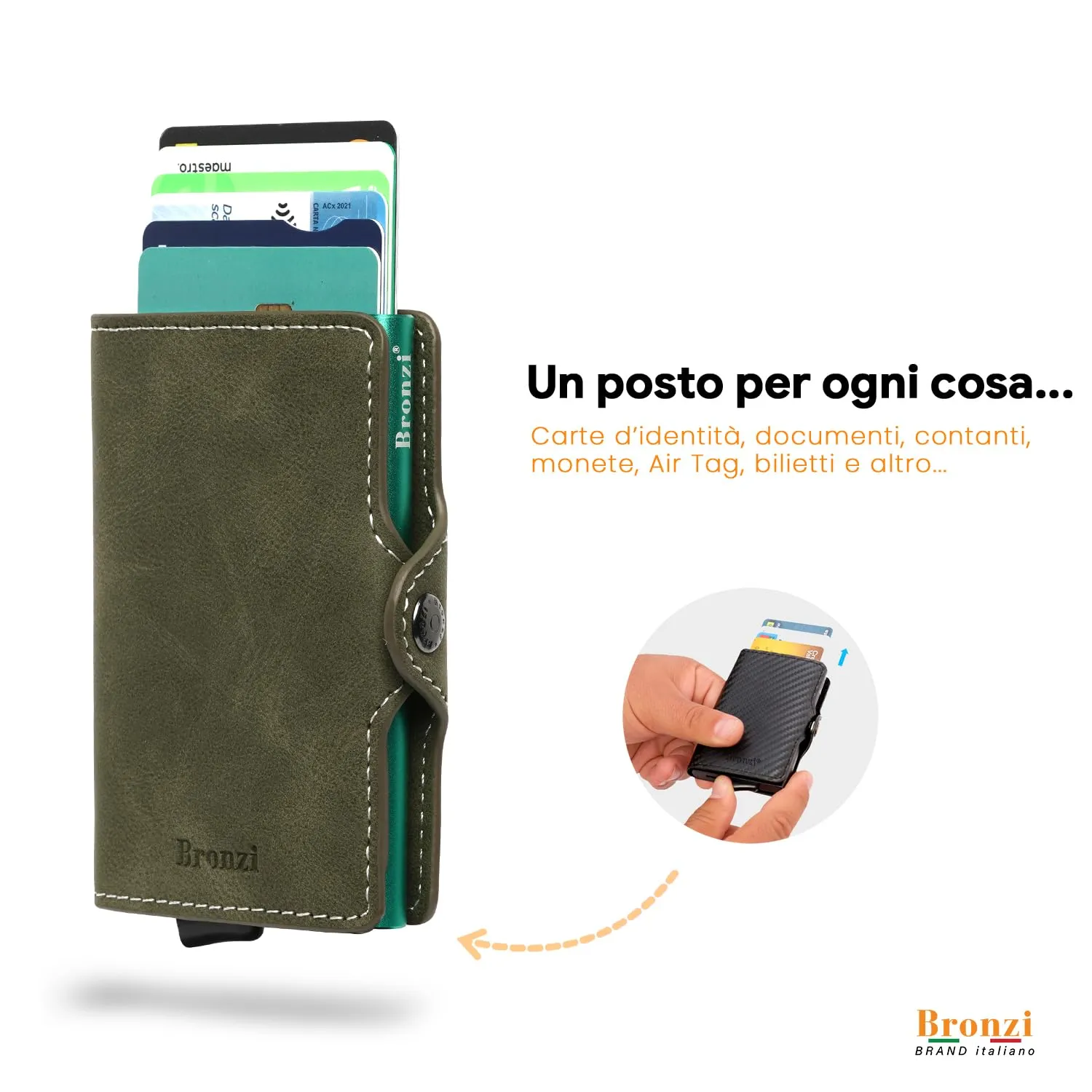 Bronzi Portafoglio Porta Carte Credito Slim RFID Pelle Verde Oliva - immagine 2