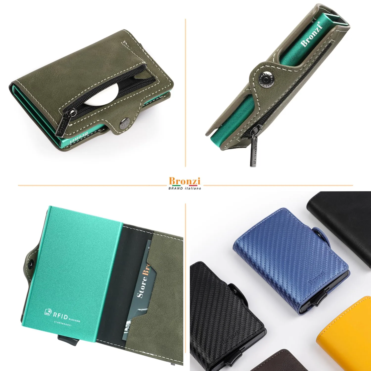 Bronzi Portafoglio Porta Carte Credito Slim RFID Pelle Verde Oliva - immagine 4