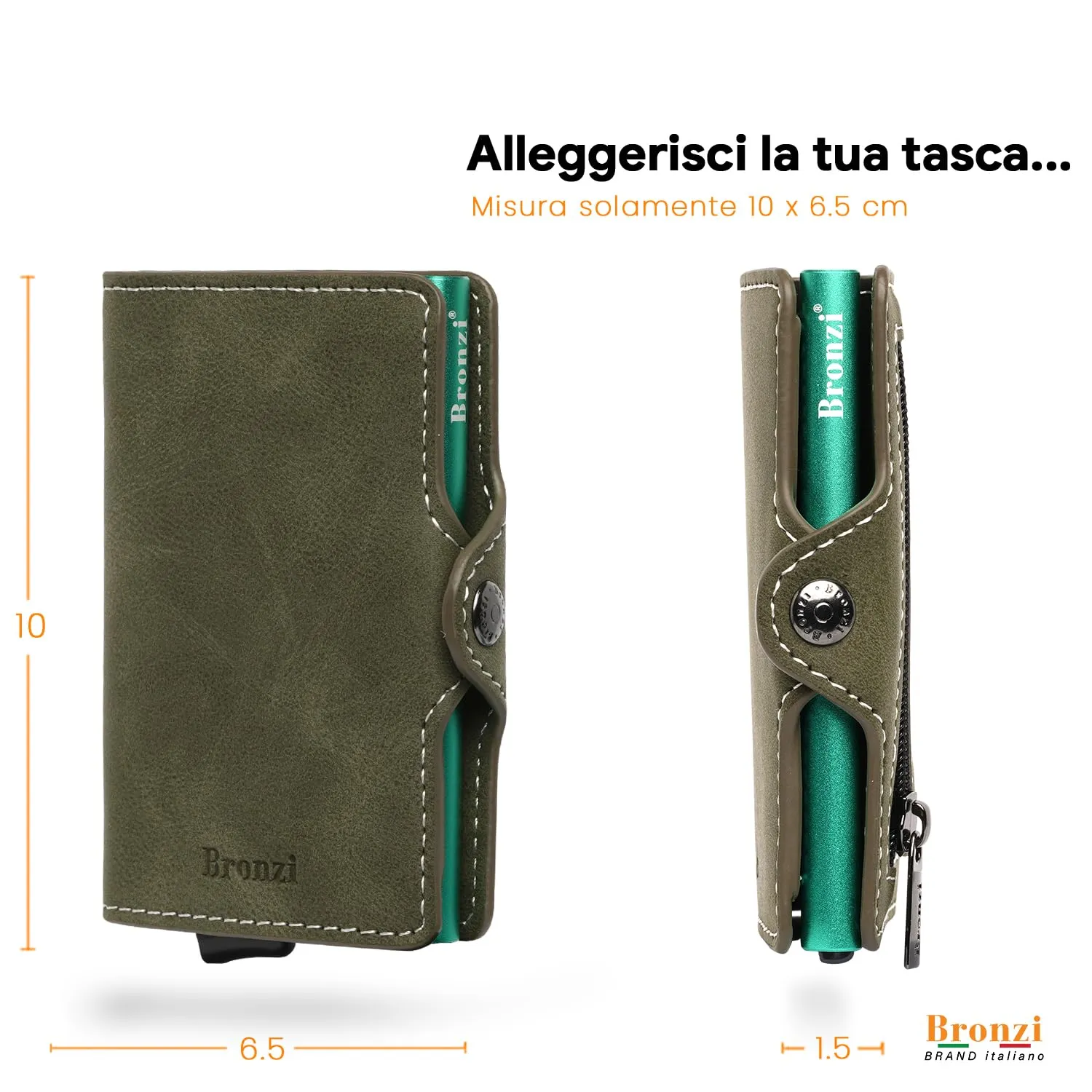 Bronzi Portafoglio Porta Carte Credito Slim RFID Pelle Verde Oliva - immagine 5