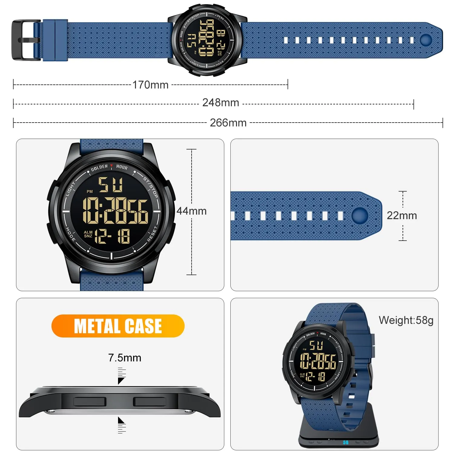 GOLDEN HOUR GH-1313 Orologio Digitale Ultra-Sottile Sport Impermeabile Unisex - immagine 4