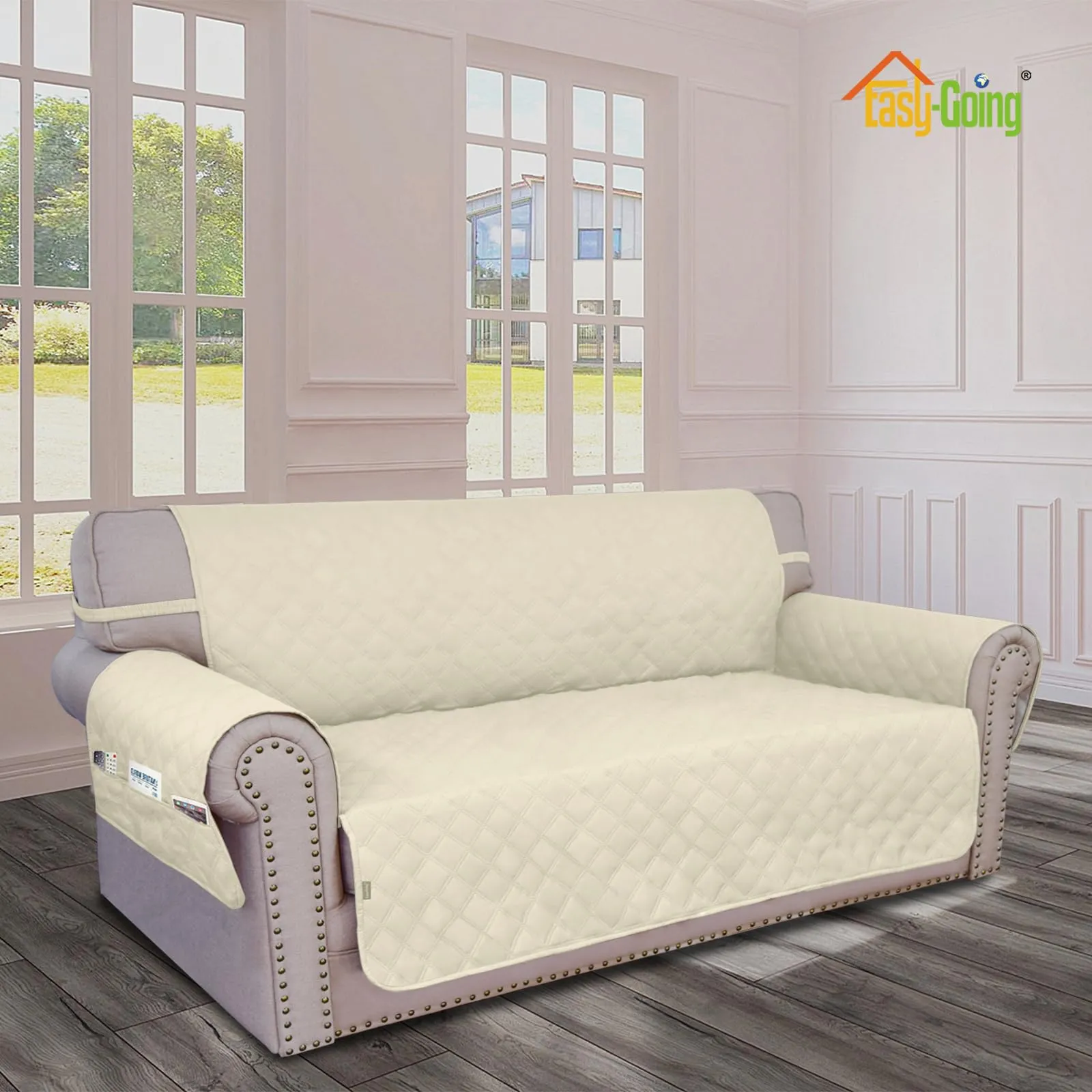 Easy-Going Copridivano Impermeabile Oversize per Divano a 2 Cuscini, Antiscivolo con Tasca, Avorio (M, XL) - immagine 2