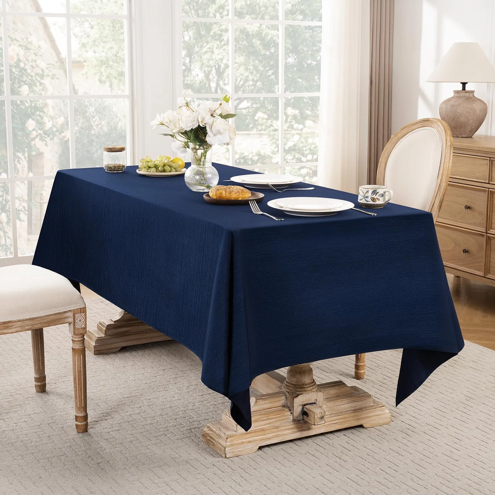 Softalker Tovaglia rettangolare jacquard motivo geometrico damascato in poliestere, 152,4 x 365,8 cm, blu marino - immagine 4