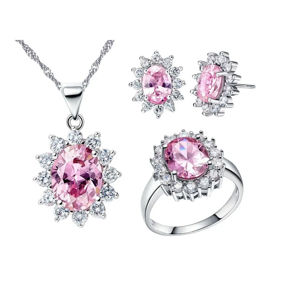 Uloveido Set di Gioielli con Zirconia Rosa, Collana, Orecchini e Anello T466 (Taglia 19,5) - immagine 1