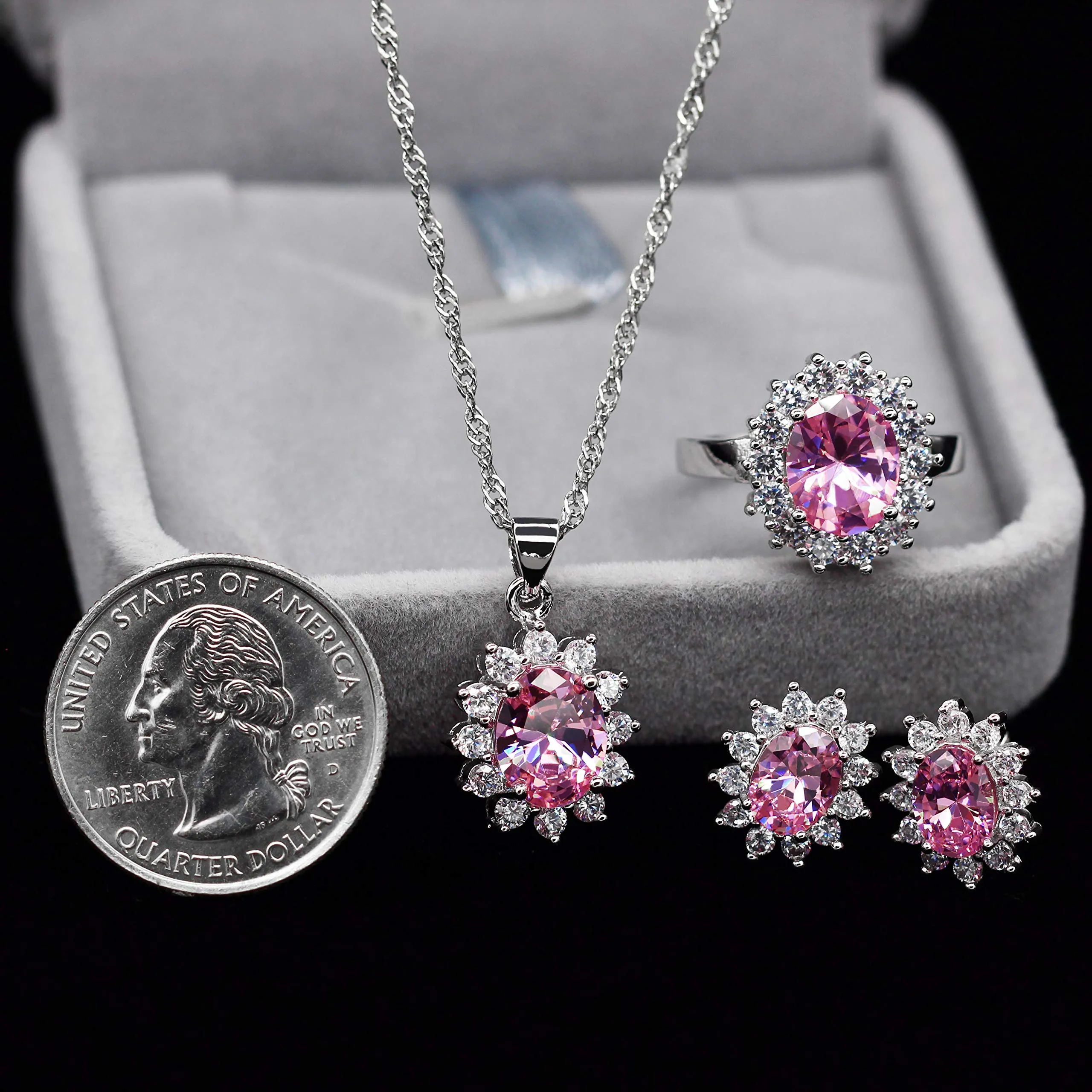 Uloveido Set di Gioielli con Zirconia Rosa, Collana, Orecchini e Anello T466 (Taglia 19,5) - immagine 6