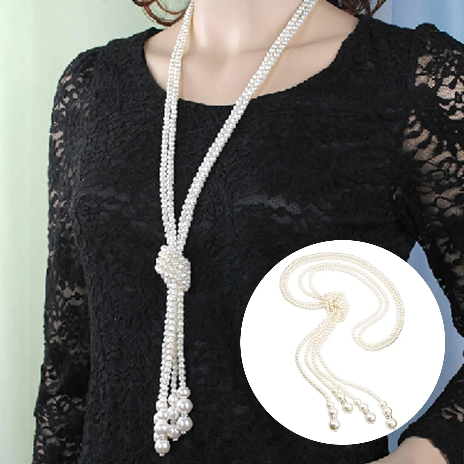 NYGGTYK Set di gioielli in perle da donna con collana, orecchini a goccia e bracciale multistrato - immagine 5