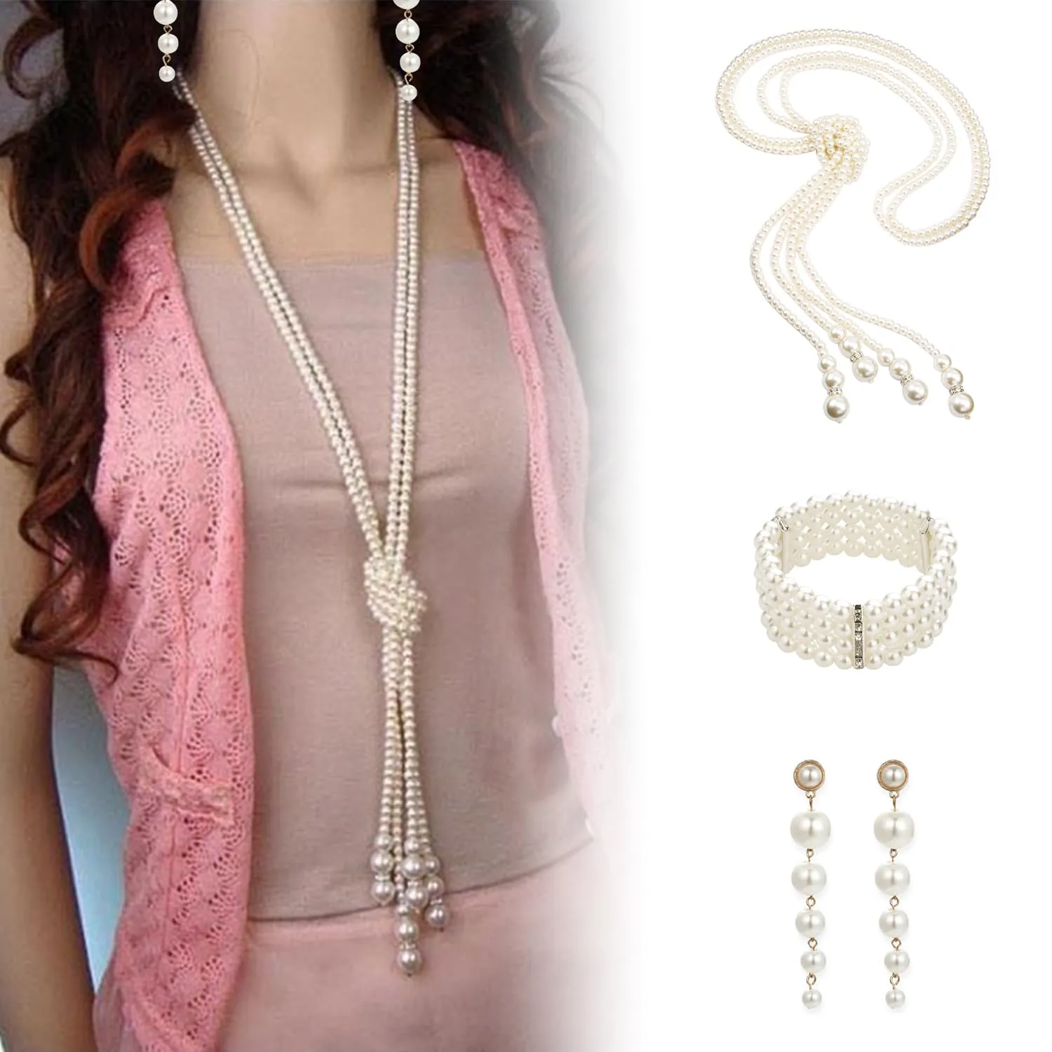 NYGGTYK Set di gioielli in perle da donna con collana, orecchini a goccia e bracciale multistrato - immagine 6