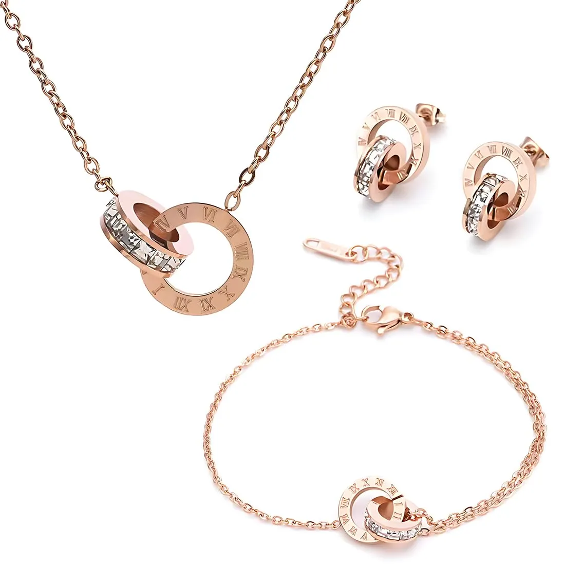 ARHZ Set Gioielli Donna in Oro Rosa con Numeri Romani, Collana, Bracciale e Orecchini - immagine 1