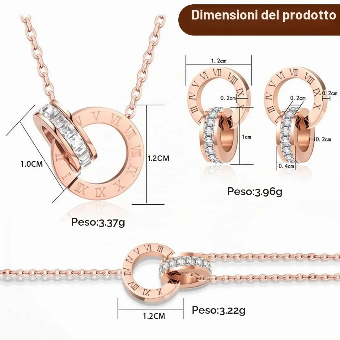 ARHZ Set Gioielli Donna in Oro Rosa con Numeri Romani, Collana, Bracciale e Orecchini - immagine 2