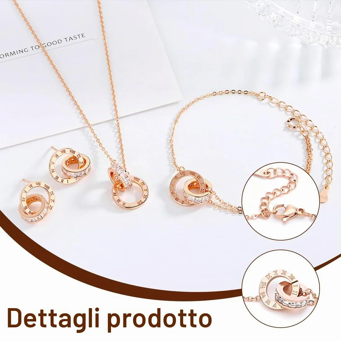 ARHZ Set Gioielli Donna in Oro Rosa con Numeri Romani, Collana, Bracciale e Orecchini - immagine 3