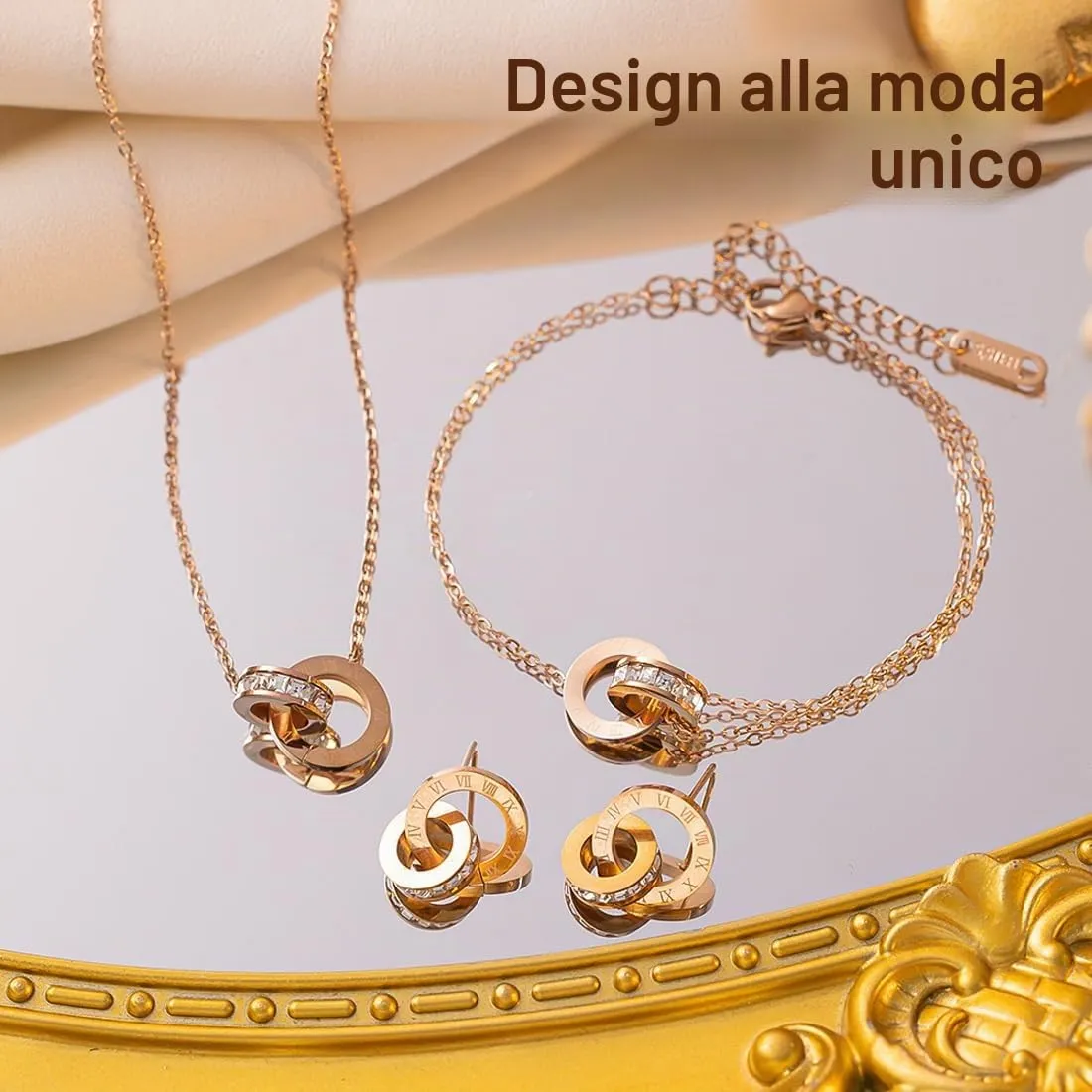 ARHZ Set Gioielli Donna in Oro Rosa con Numeri Romani, Collana, Bracciale e Orecchini - immagine 4