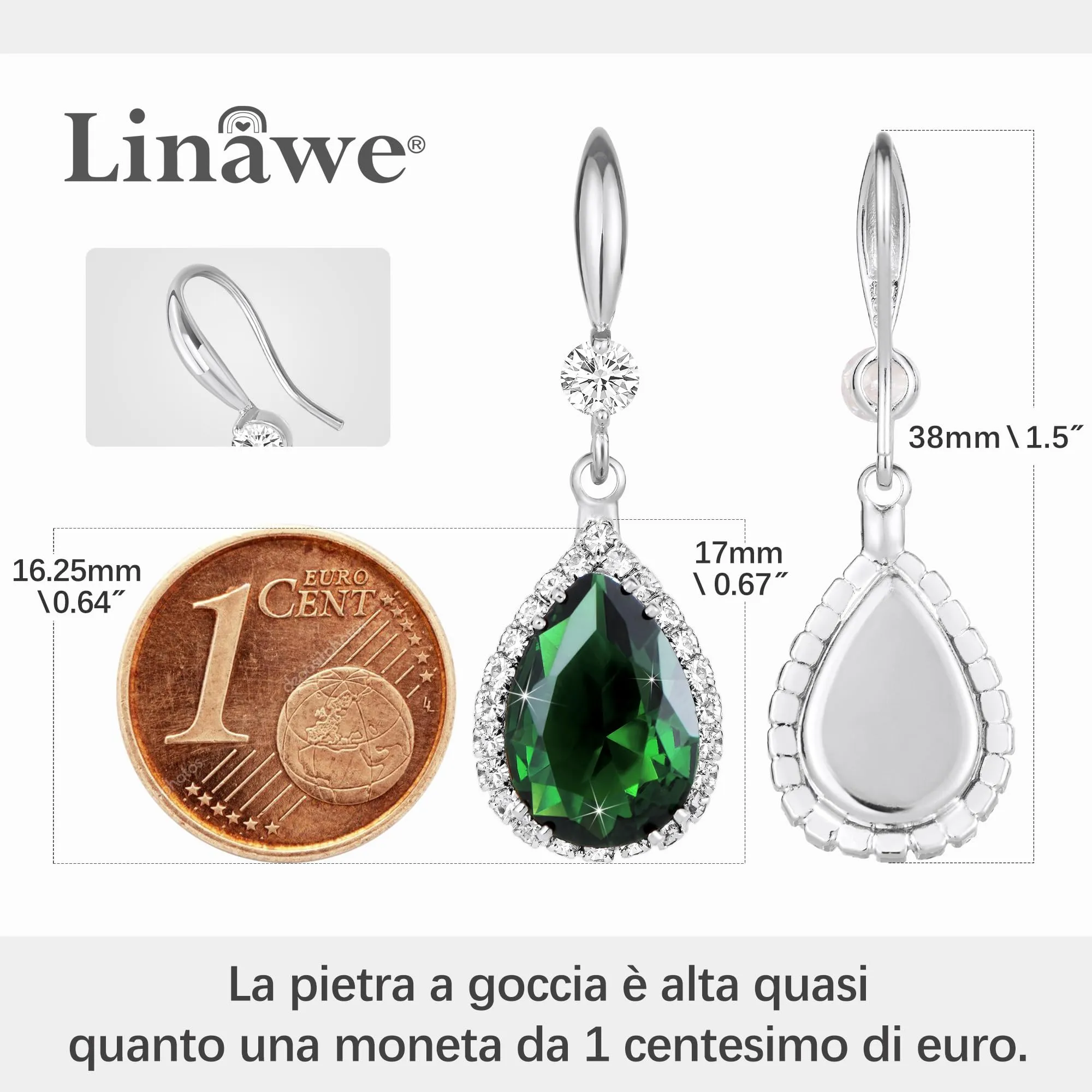 Linawe Set di gioielli da donna in argento con orecchini pendenti in moissanite e cristallo verde smeraldo - immagine 2