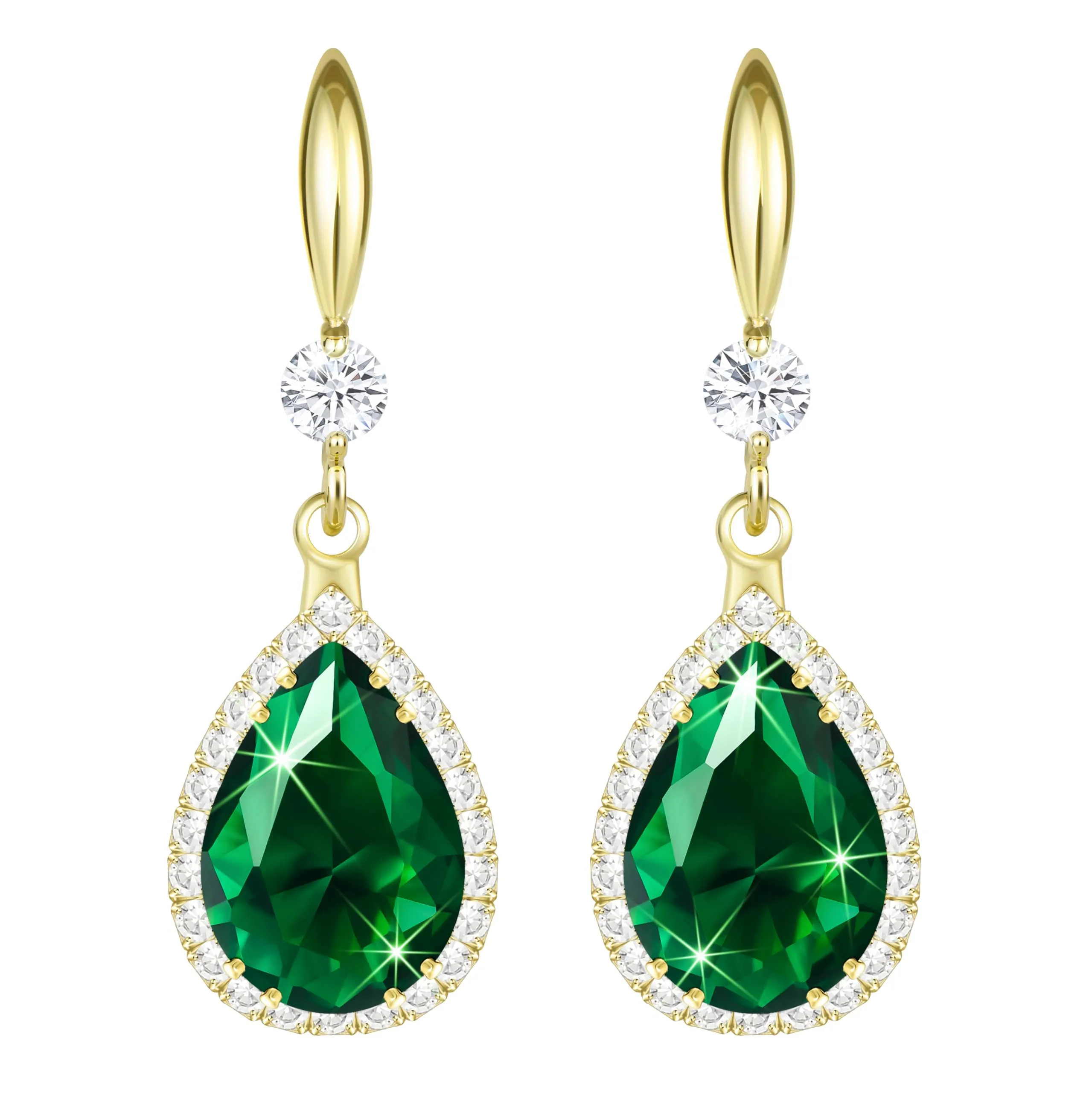 Linawe Orecchini pendenti a fiocco con zirconia cubica verde smeraldo placcati in oro 14k - immagine 1