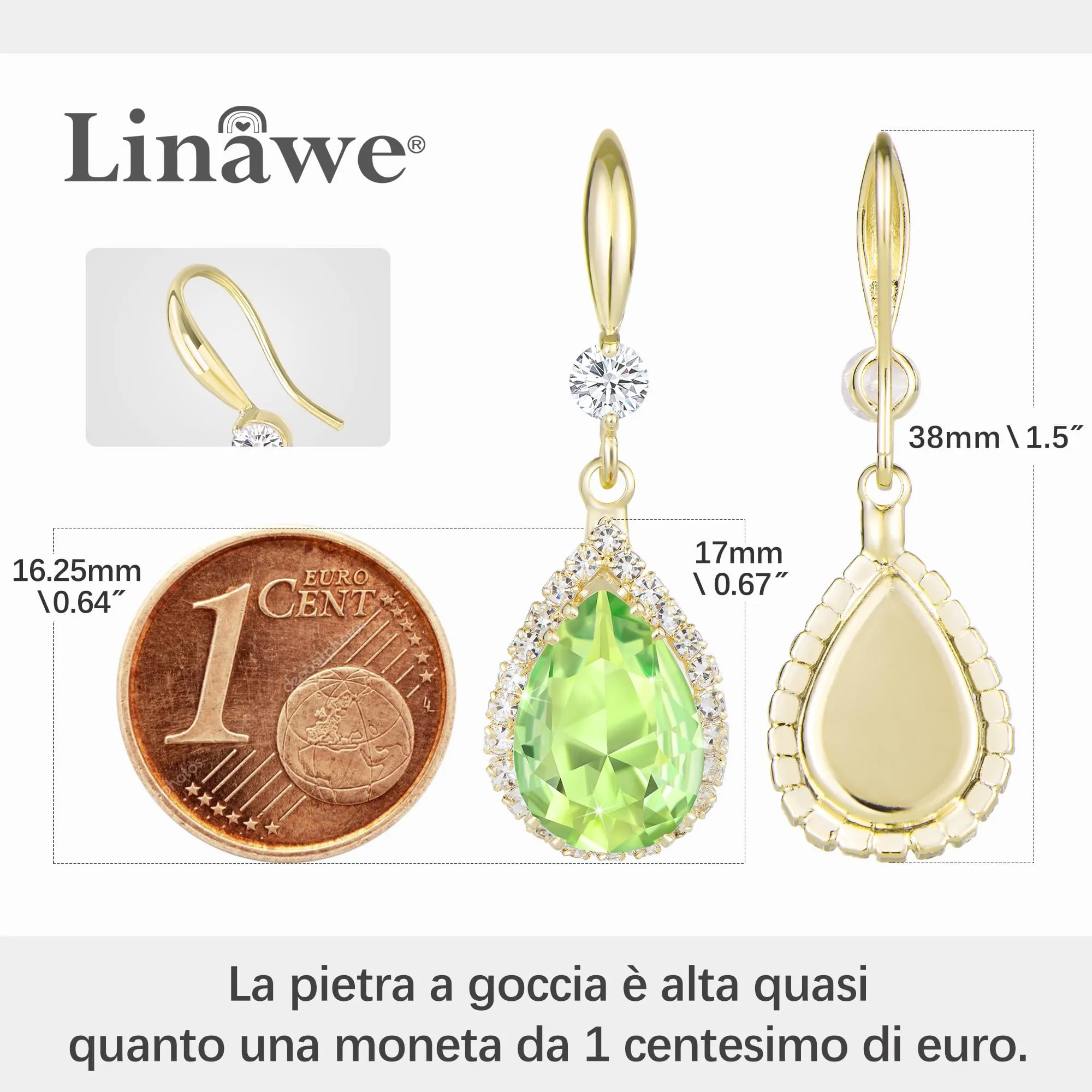 Linawe Orecchini Pendenti in Oro con Cristalli e Diamanti, Verdi - immagine 2