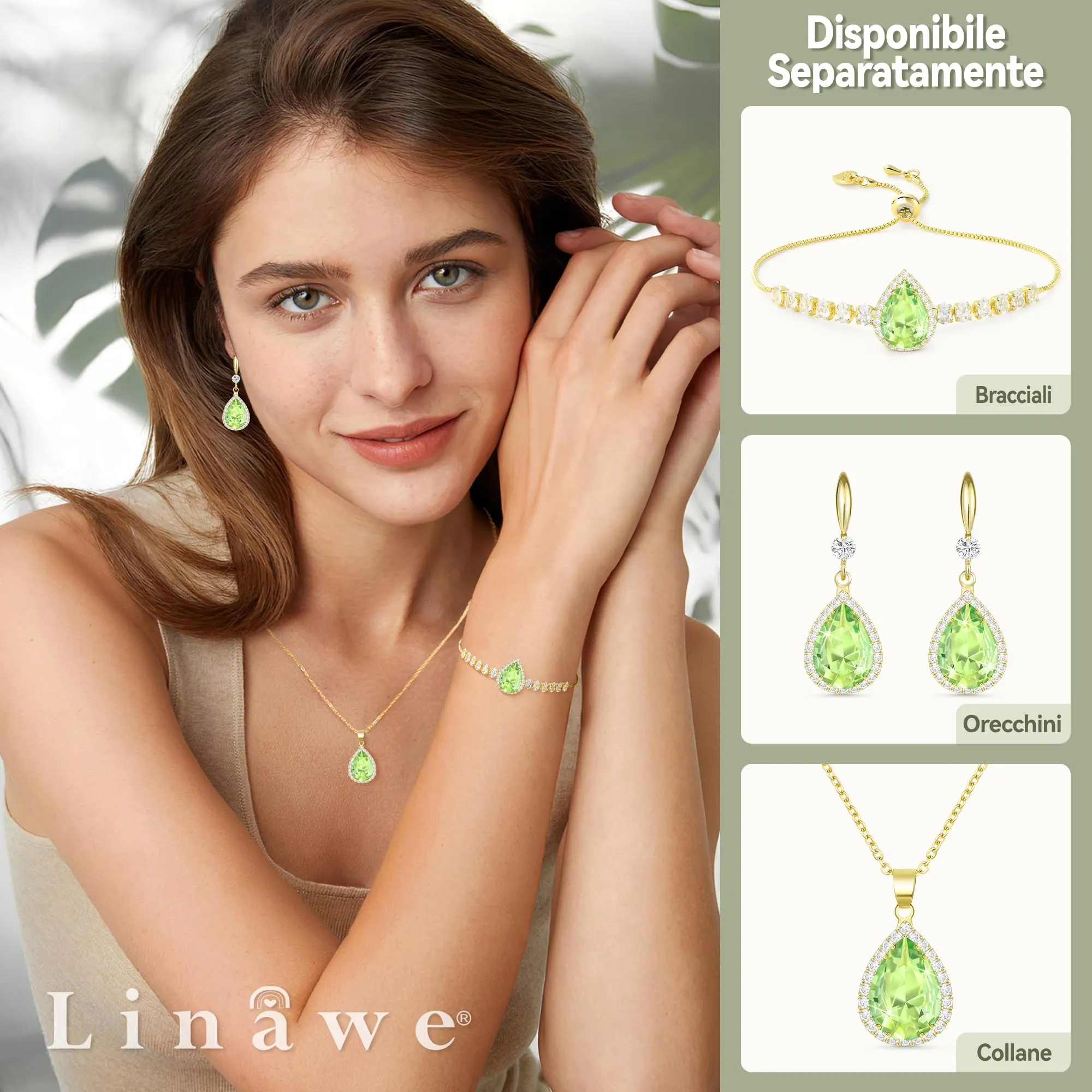 Linawe Orecchini Pendenti in Oro con Cristalli e Diamanti, Verdi - immagine 3