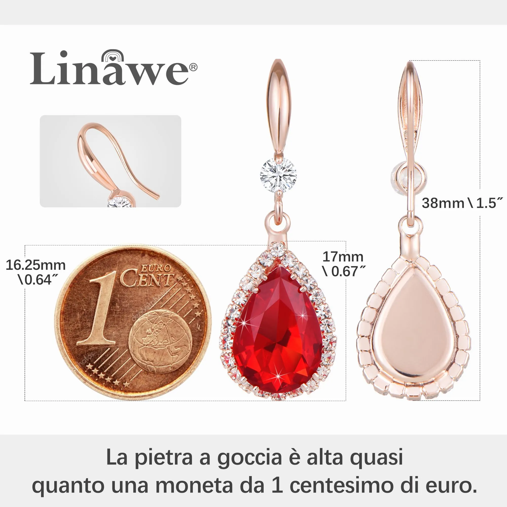 Linawe Set di gioielli in oro rosa con cristalli rossi, orecchini pendenti a fiocco per donna - immagine 2