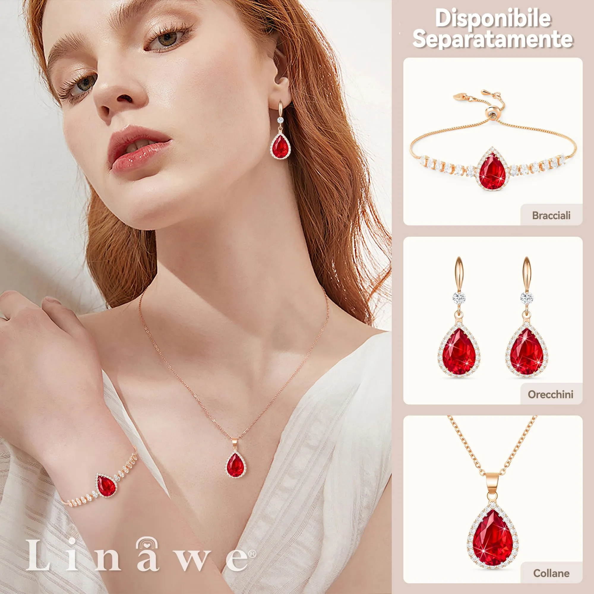 Linawe Set di gioielli in oro rosa con cristalli rossi, orecchini pendenti a fiocco per donna - immagine 3
