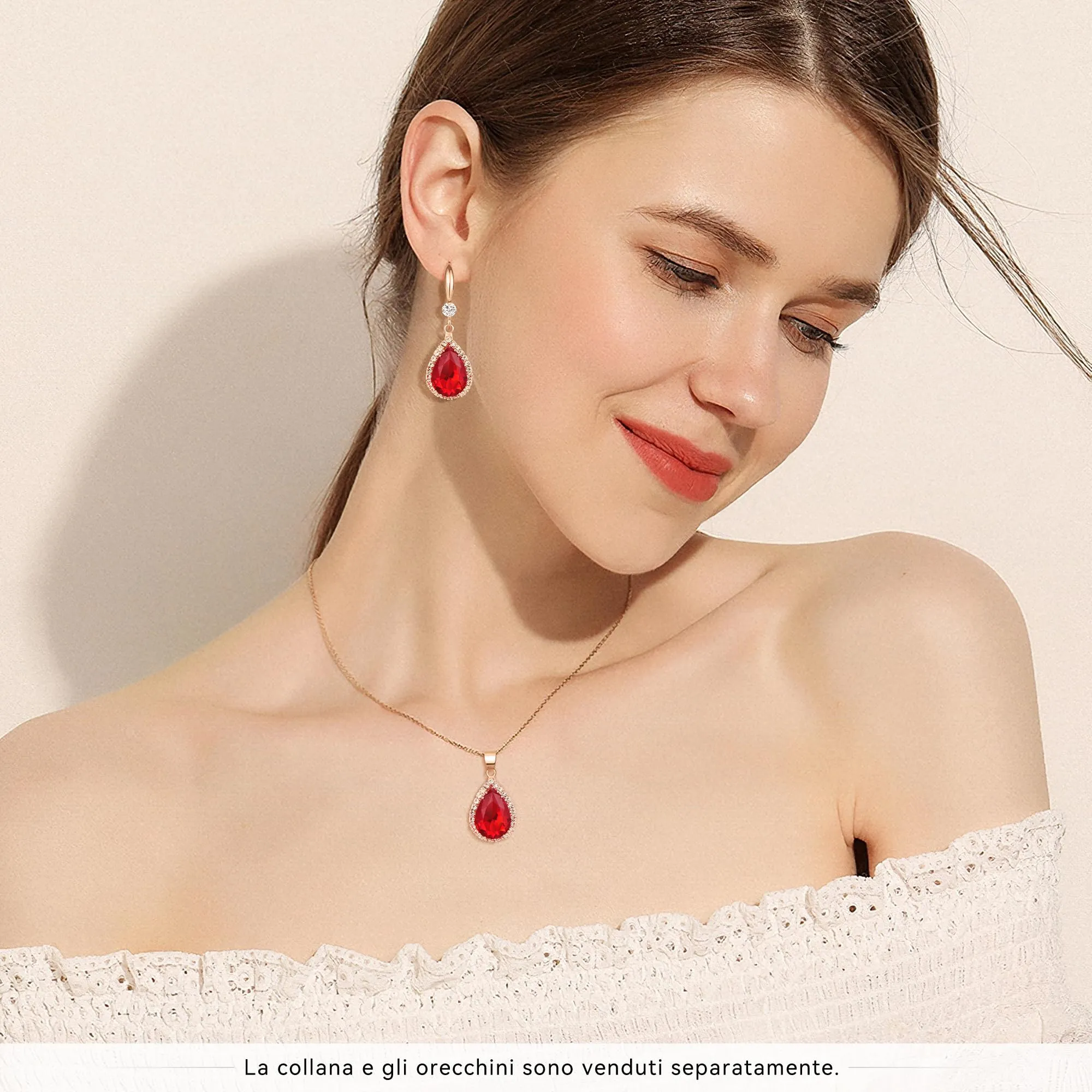 Linawe Set di gioielli in oro rosa con cristalli rossi, orecchini pendenti a fiocco per donna - immagine 4