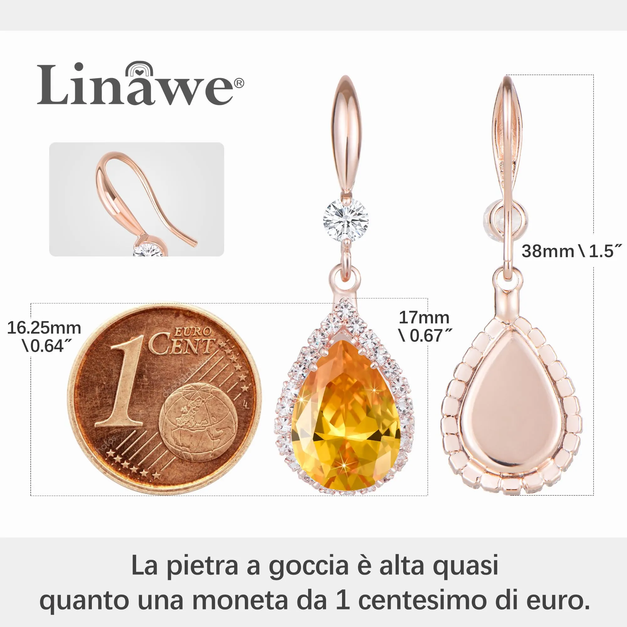 Linawe Orecchini a goccia in oro rosa con cristalli di zirconia arancioni per donna - immagine 2
