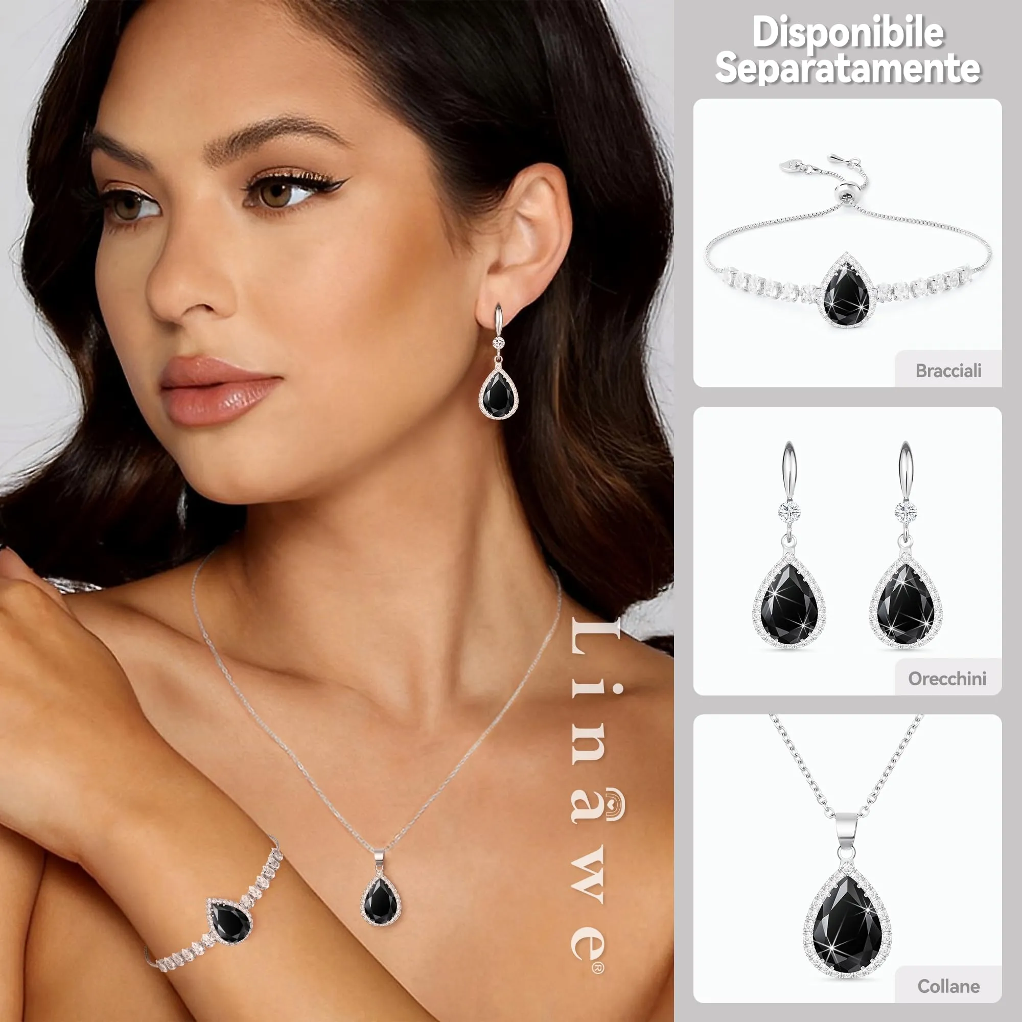Linawe Orecchini pendenti da donna in argento e zirconia cubica nera - immagine 3