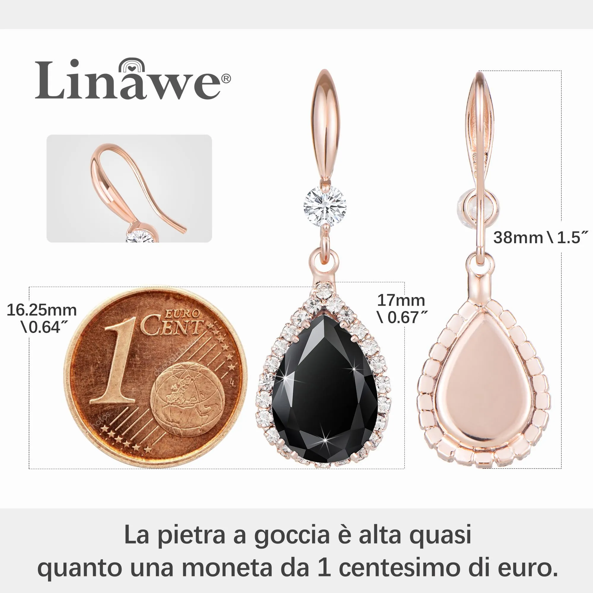 Linawe Orecchini pendenti in oro rosa e nero con cristalli di zirconia cubica - immagine 2