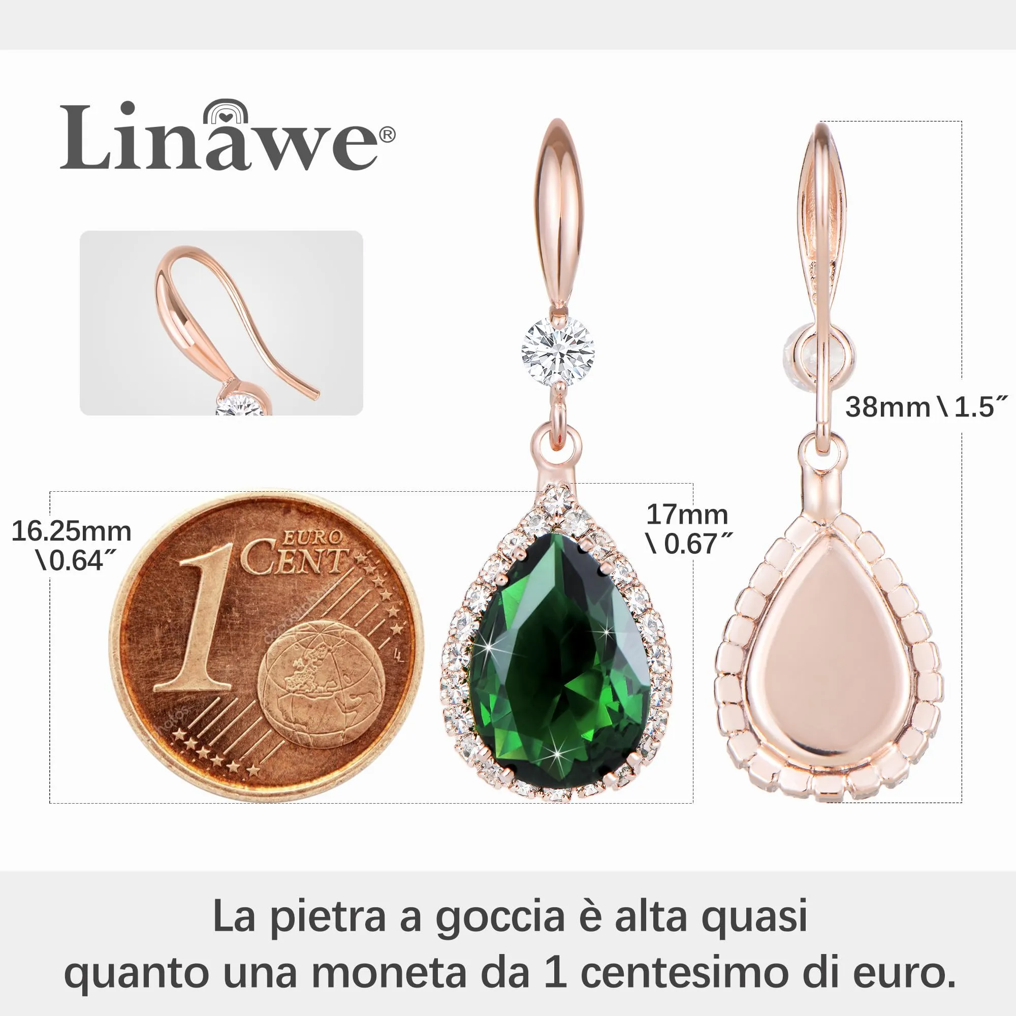 Linawe Orecchini pendenti in oro rosa con cristalli di zirconia verde smeraldo - immagine 2