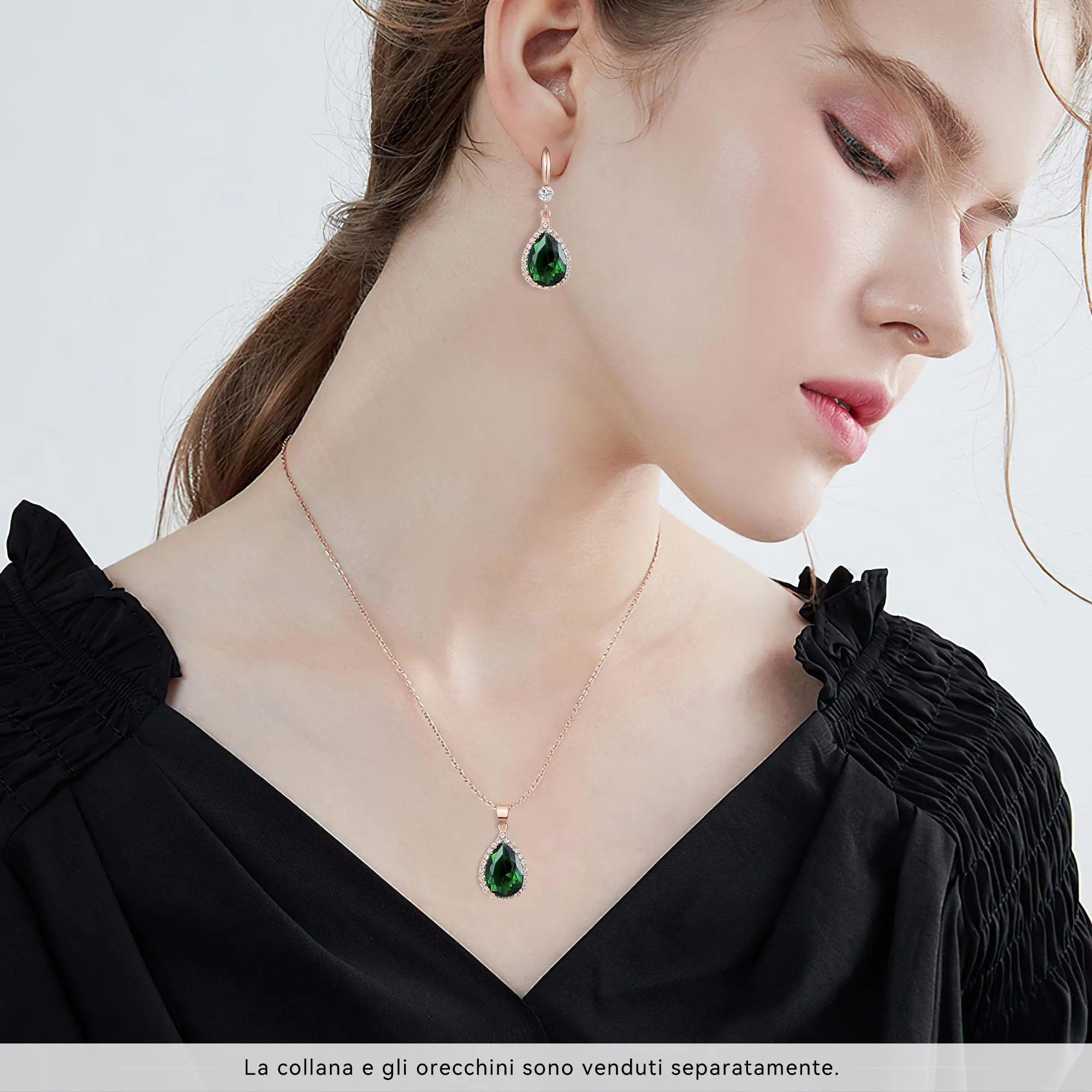 Linawe Orecchini pendenti in oro rosa con cristalli di zirconia verde smeraldo - immagine 4
