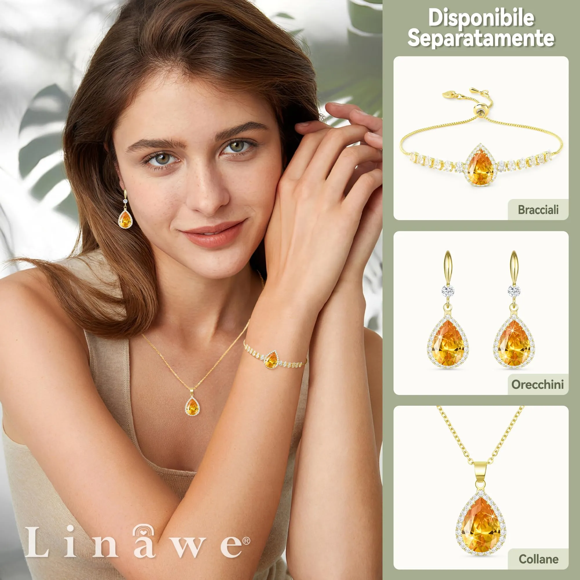 Linawe Set di gioielli placcati in oro con cristalli arancioni per donna - immagine 3