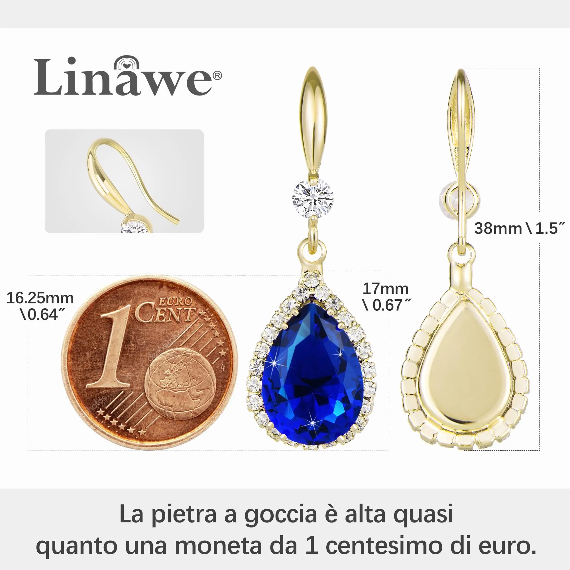 Linawe Orecchini pendenti a fiocco con zaffiro blu placcati in oro - immagine 2