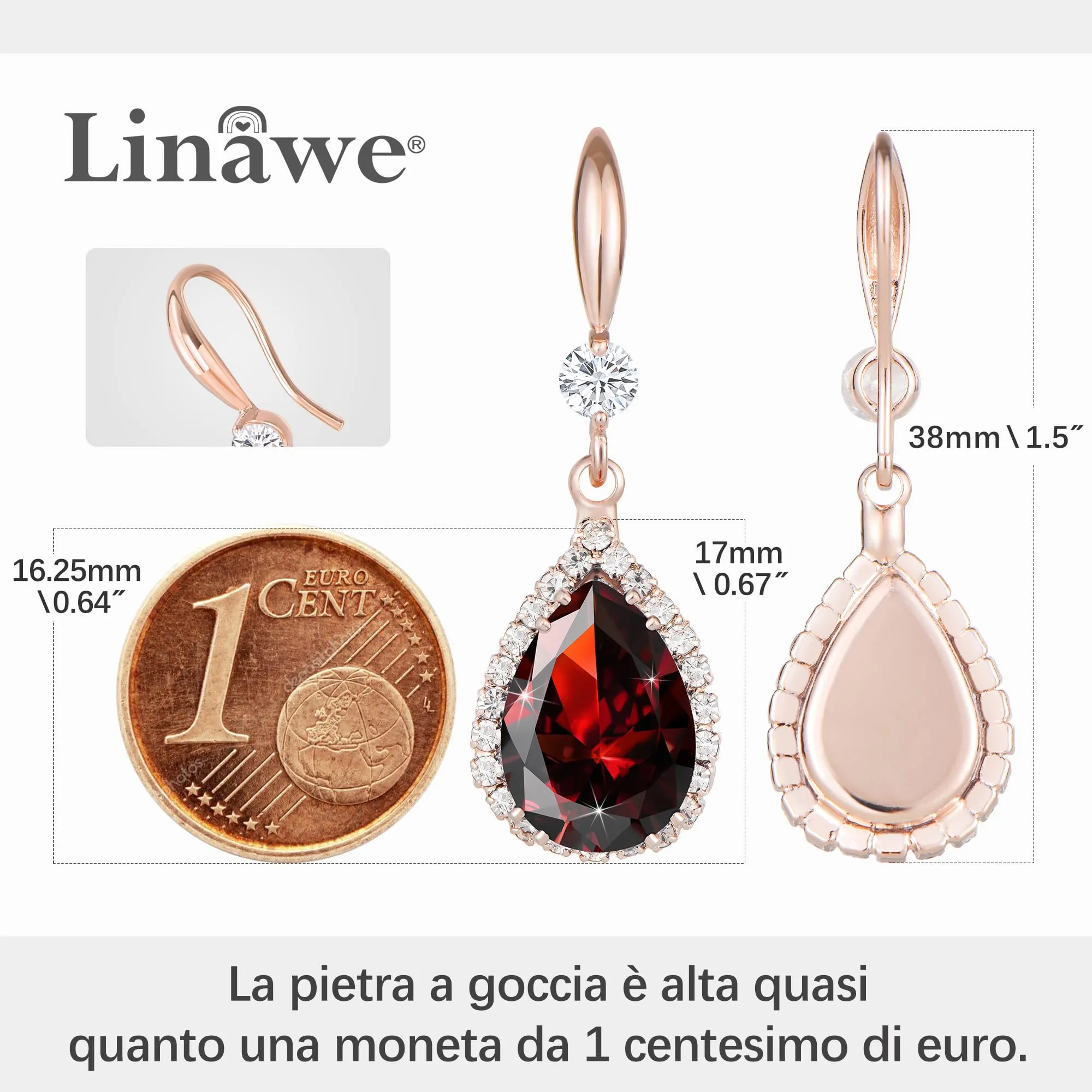 Linawe Orecchini a goccia in oro rosa con zirconia cubica rossa - immagine 2