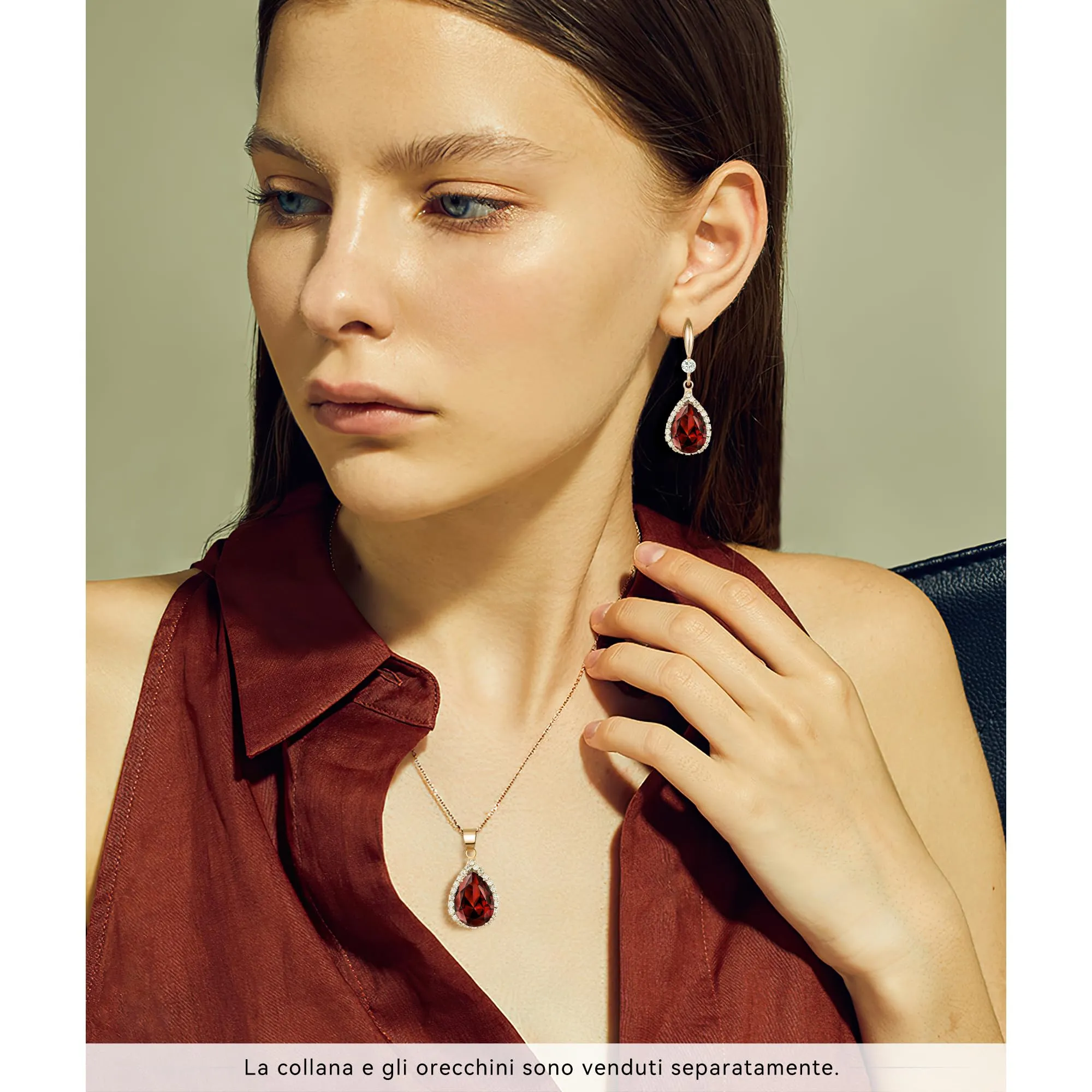 Linawe Orecchini a goccia in oro rosa con zirconia cubica rossa - immagine 4