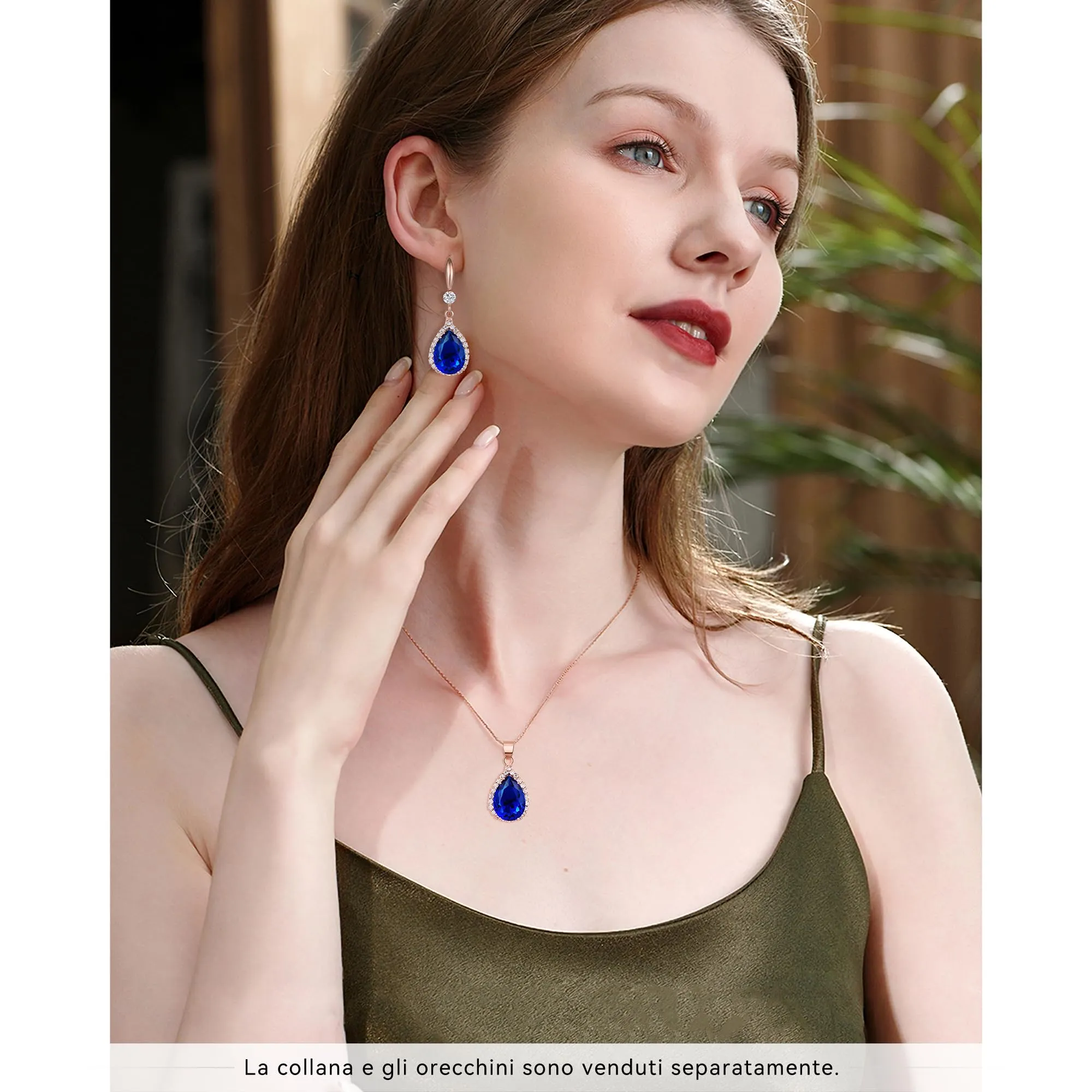 Linawe Orecchini Pendenti in Oro Rosa con Zaffiro Blu e Cristalli di Zirconia - immagine 4