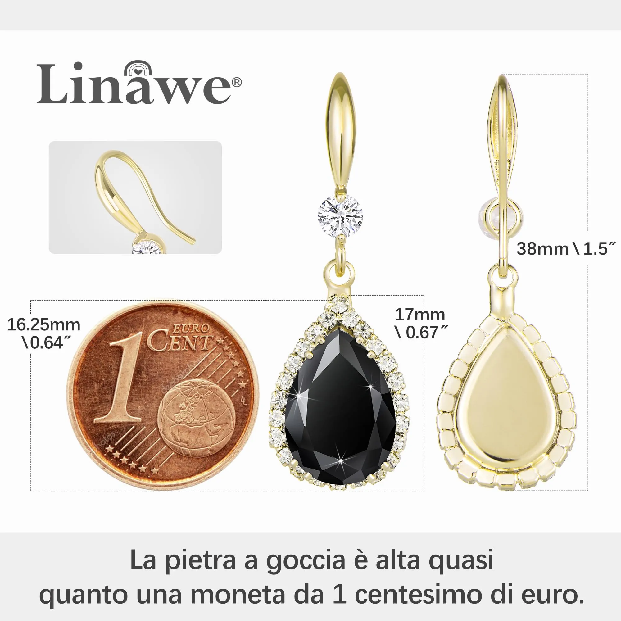 Linawe Orecchini Pendenti a Goccia in Oro Nero con Cristallo e Zirconia Cubica per Donna - immagine 2