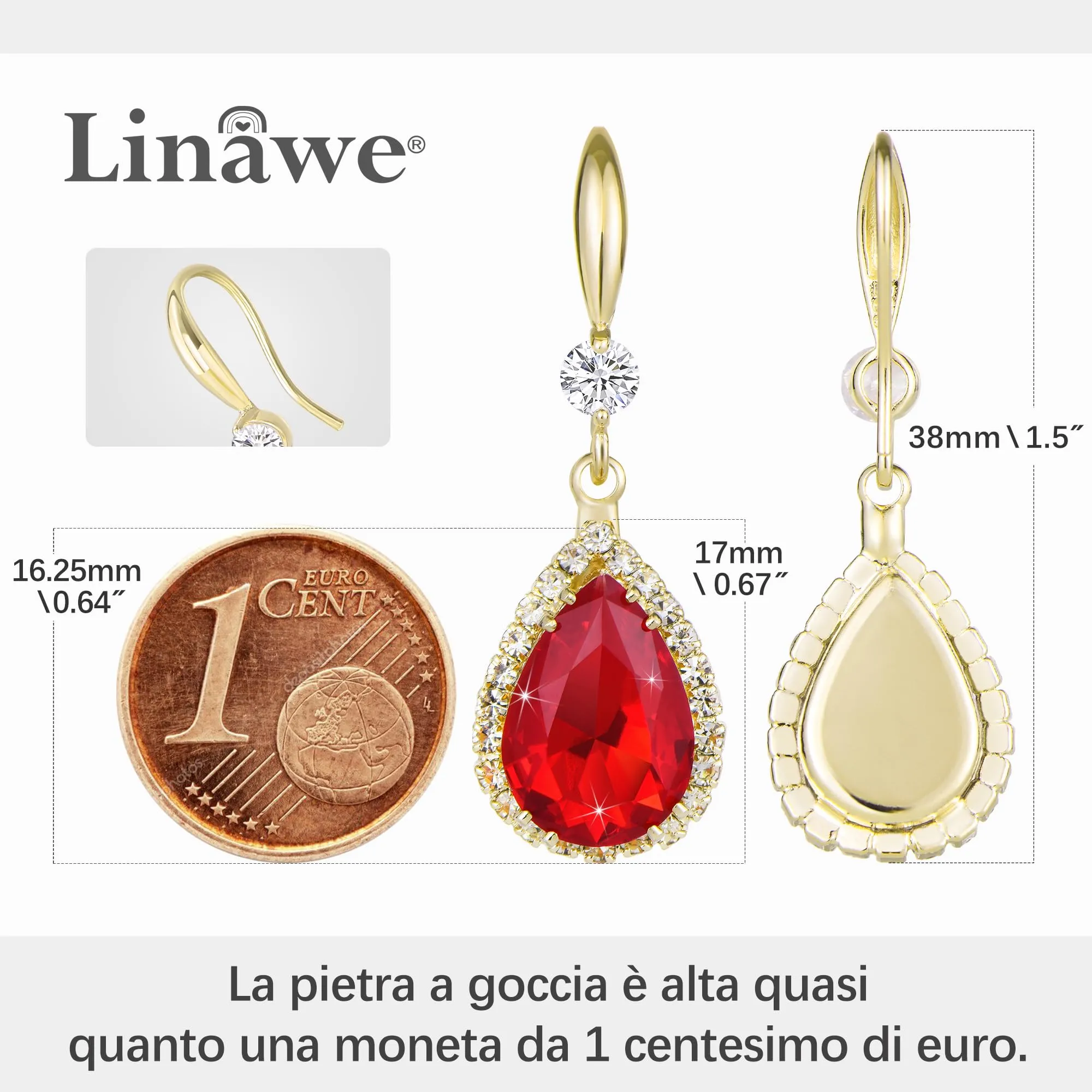 Linawe Orecchini pendenti a fiocco in oro con cristalli e diamanti, rossi - immagine 2