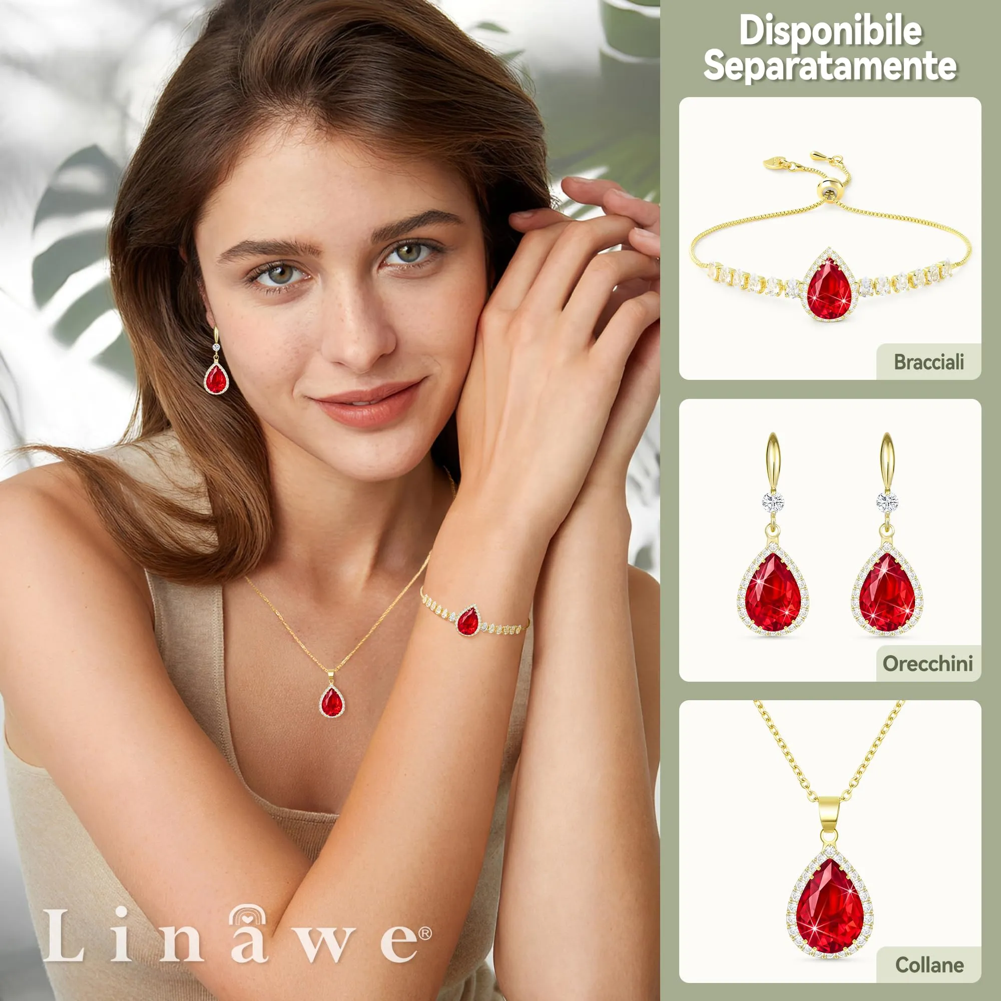 Linawe Orecchini pendenti a fiocco in oro con cristalli e diamanti, rossi - immagine 3
