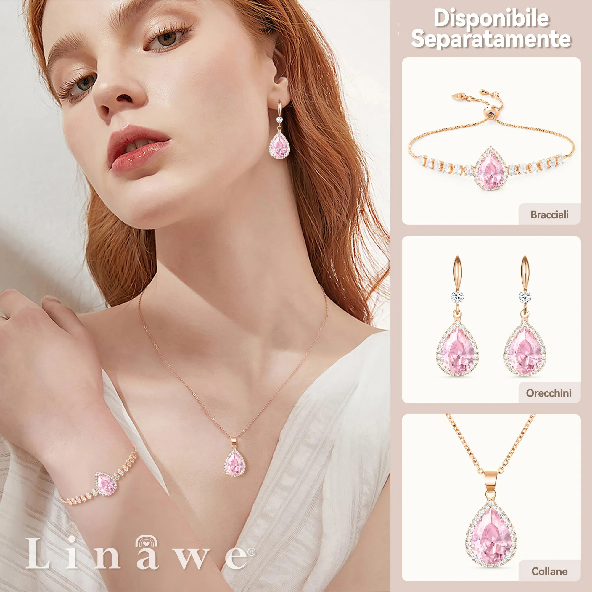 Linawe Orecchini pendenti in oro rosa con cristalli di zirconia cubica - immagine 3