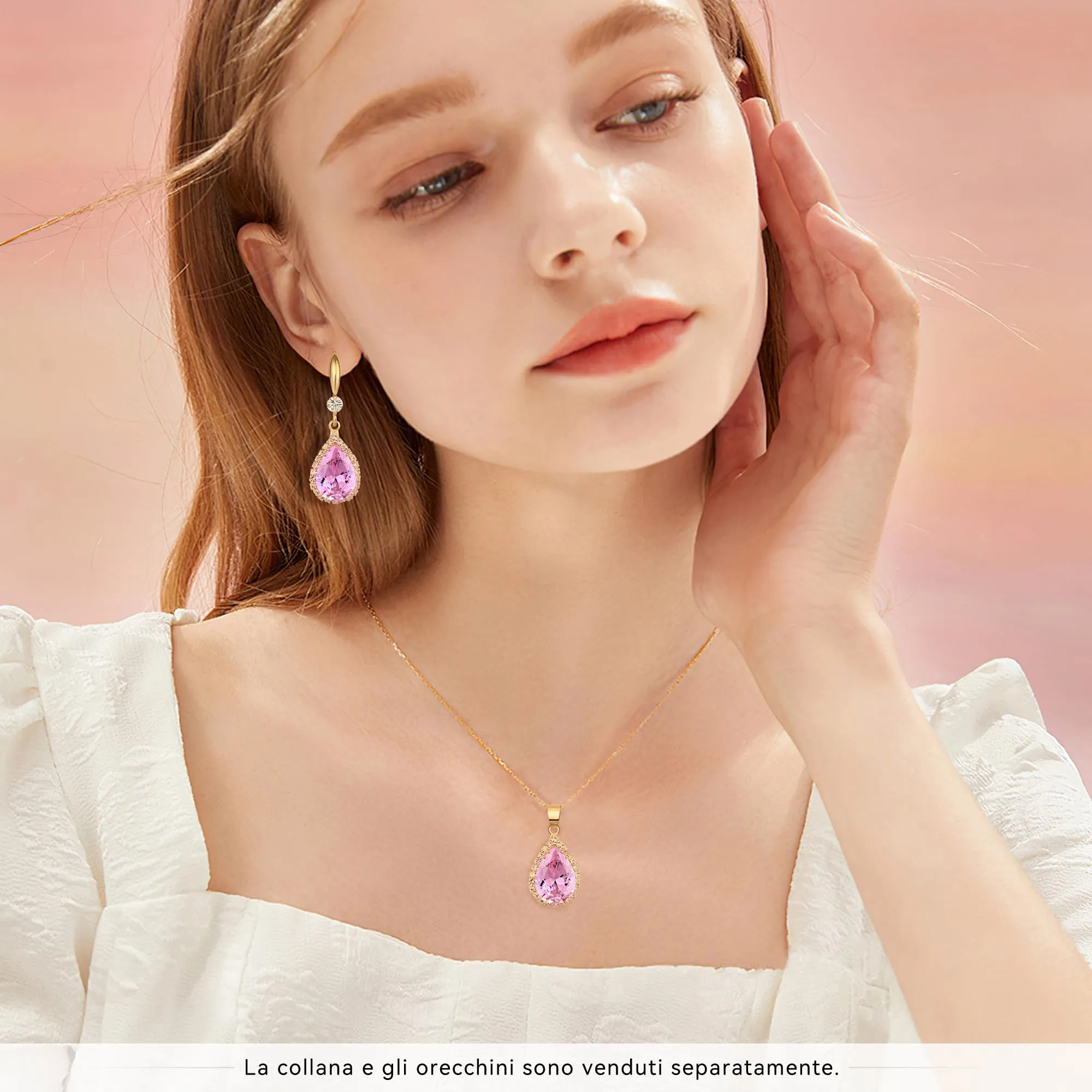Linawe Set di gioielli rosa da donna, orecchini pendenti in moissanite e cristalli placcati in oro - immagine 4